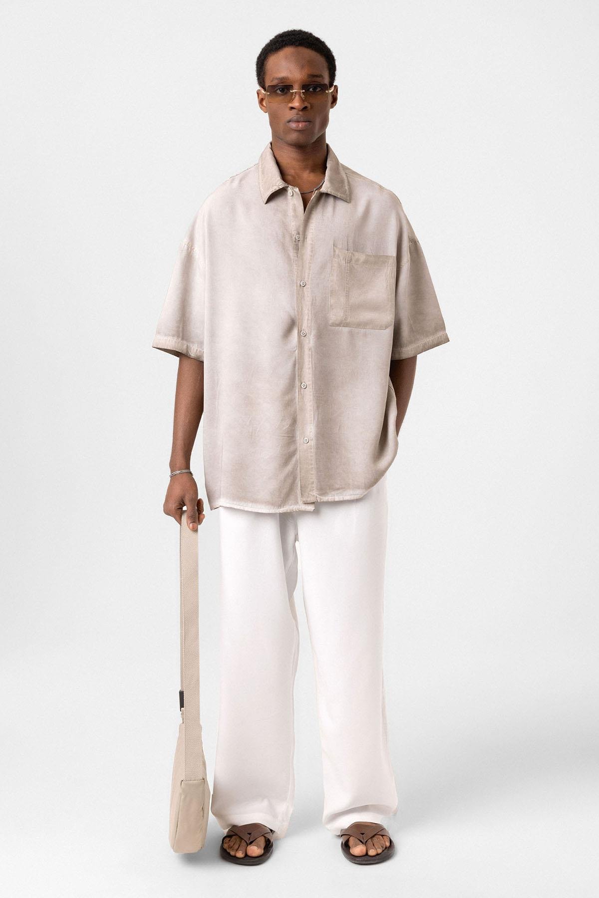 Yıkamalı Kısa Kollu Oversize Gömlek Taş