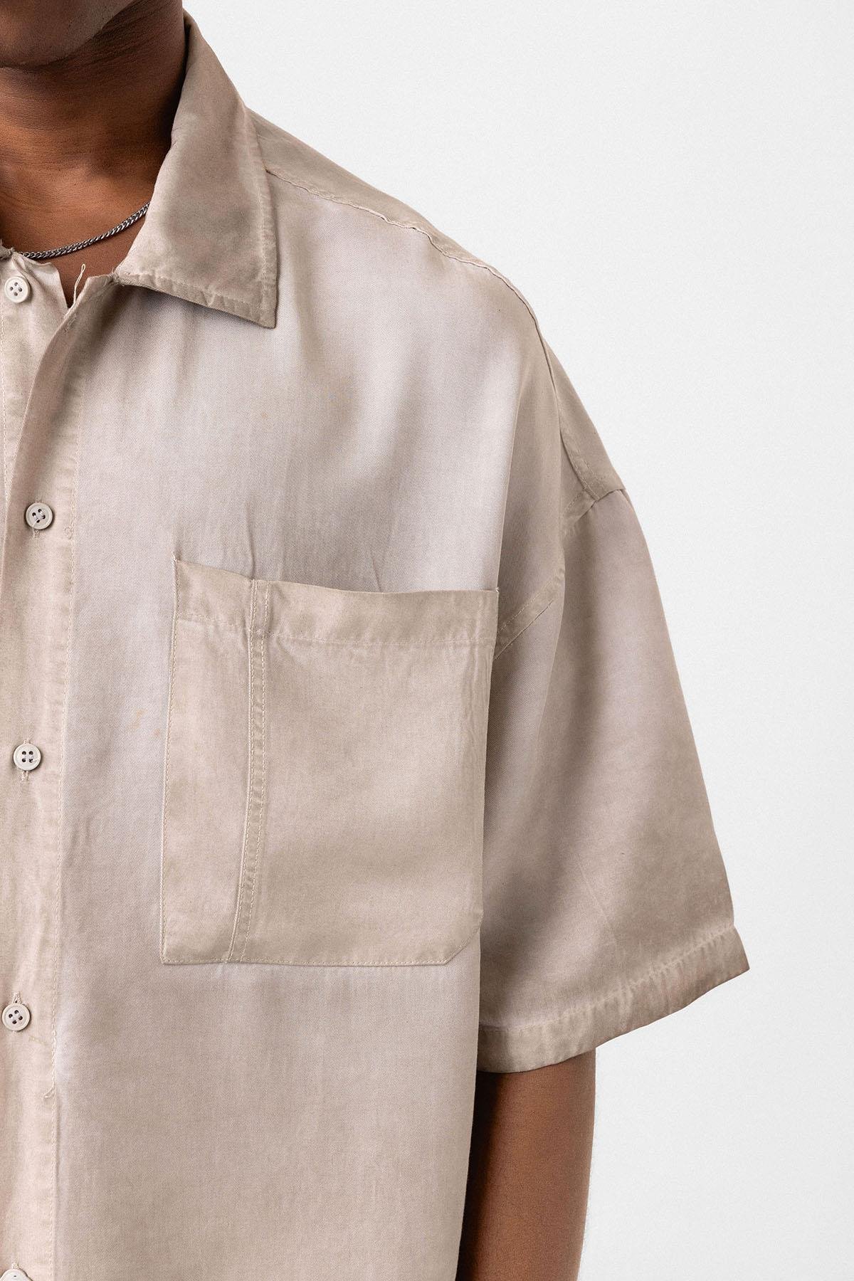 Yıkamalı Kısa Kollu Oversize Gömlek Taş