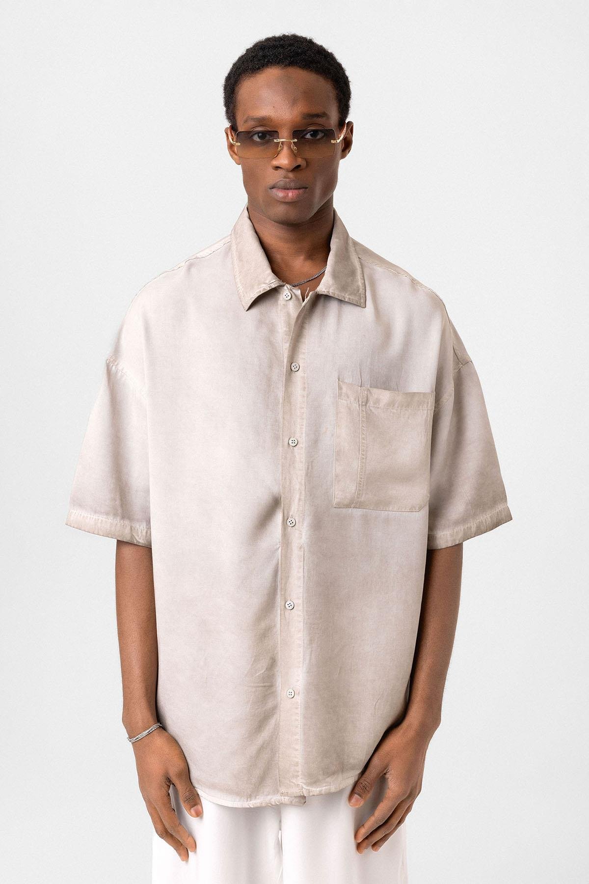 Yıkamalı Kısa Kollu Oversize Gömlek Taş