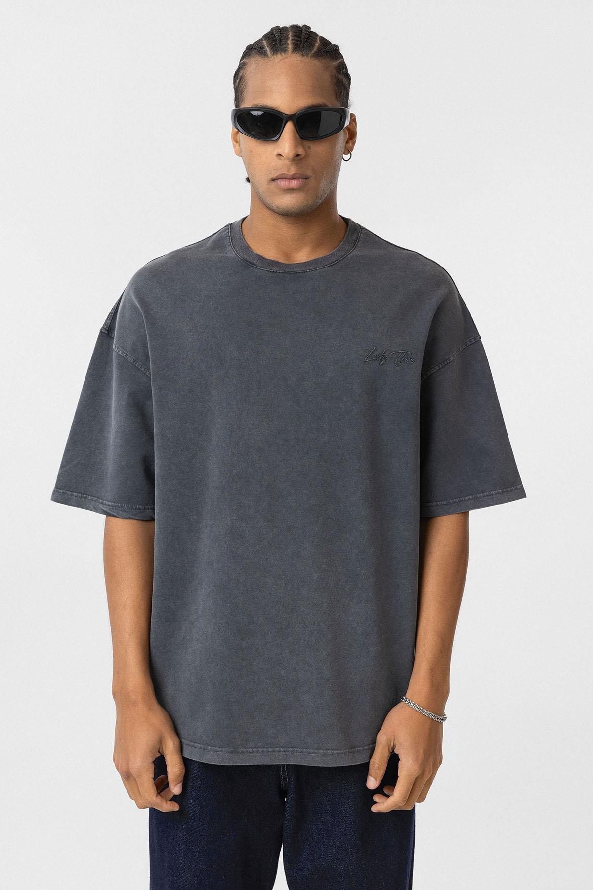 Yıkamalı Oversize Arka Baskılı Tişört Siyah