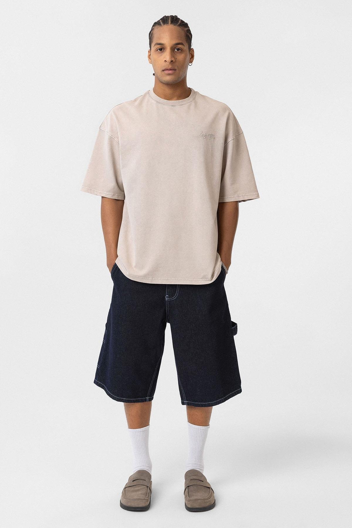 Yıkamalı Oversize Arka Baskılı Tişört Taş