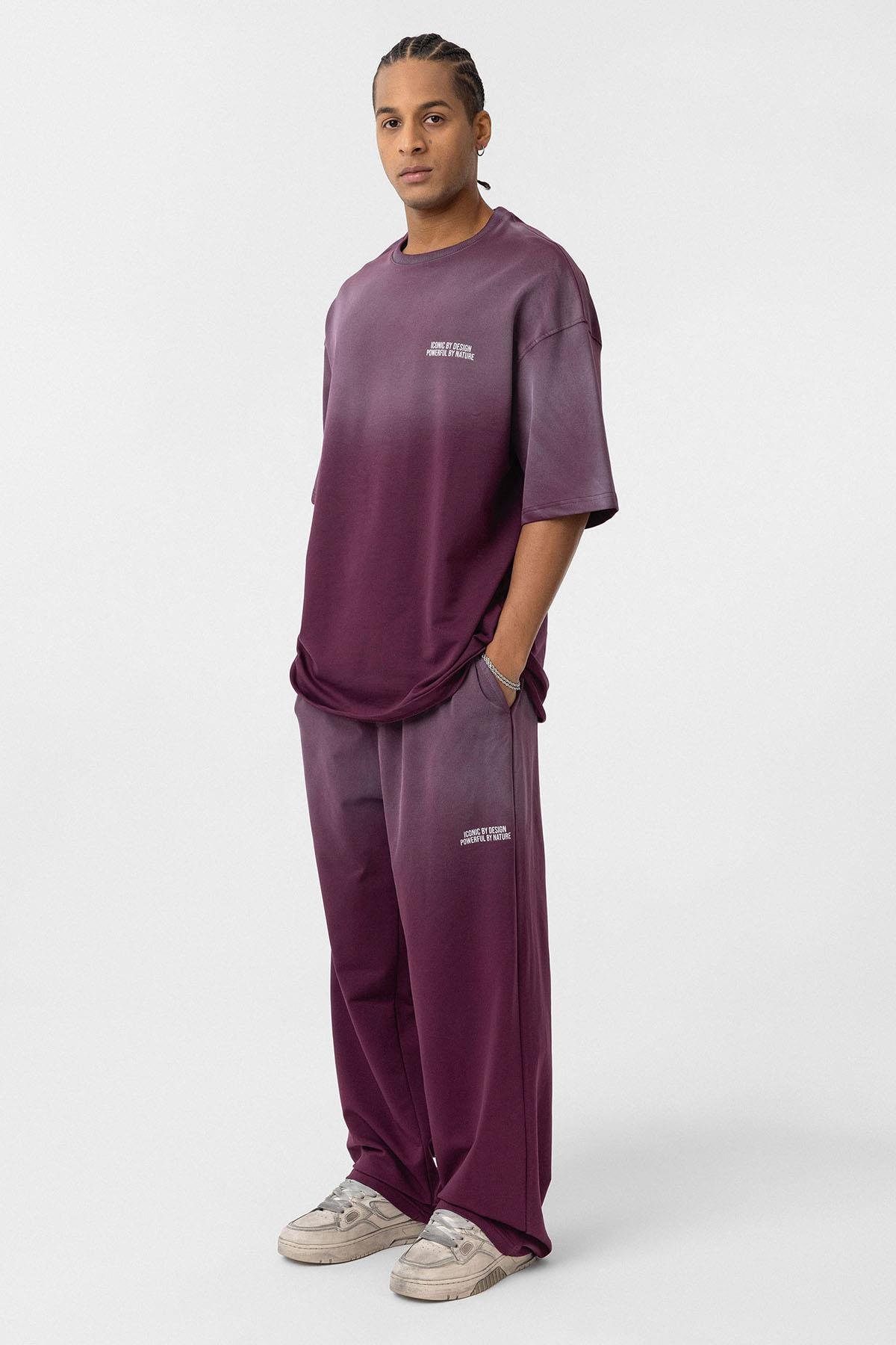 Yıkamalı Oversize Baskılı Eşofman Takım Bordo