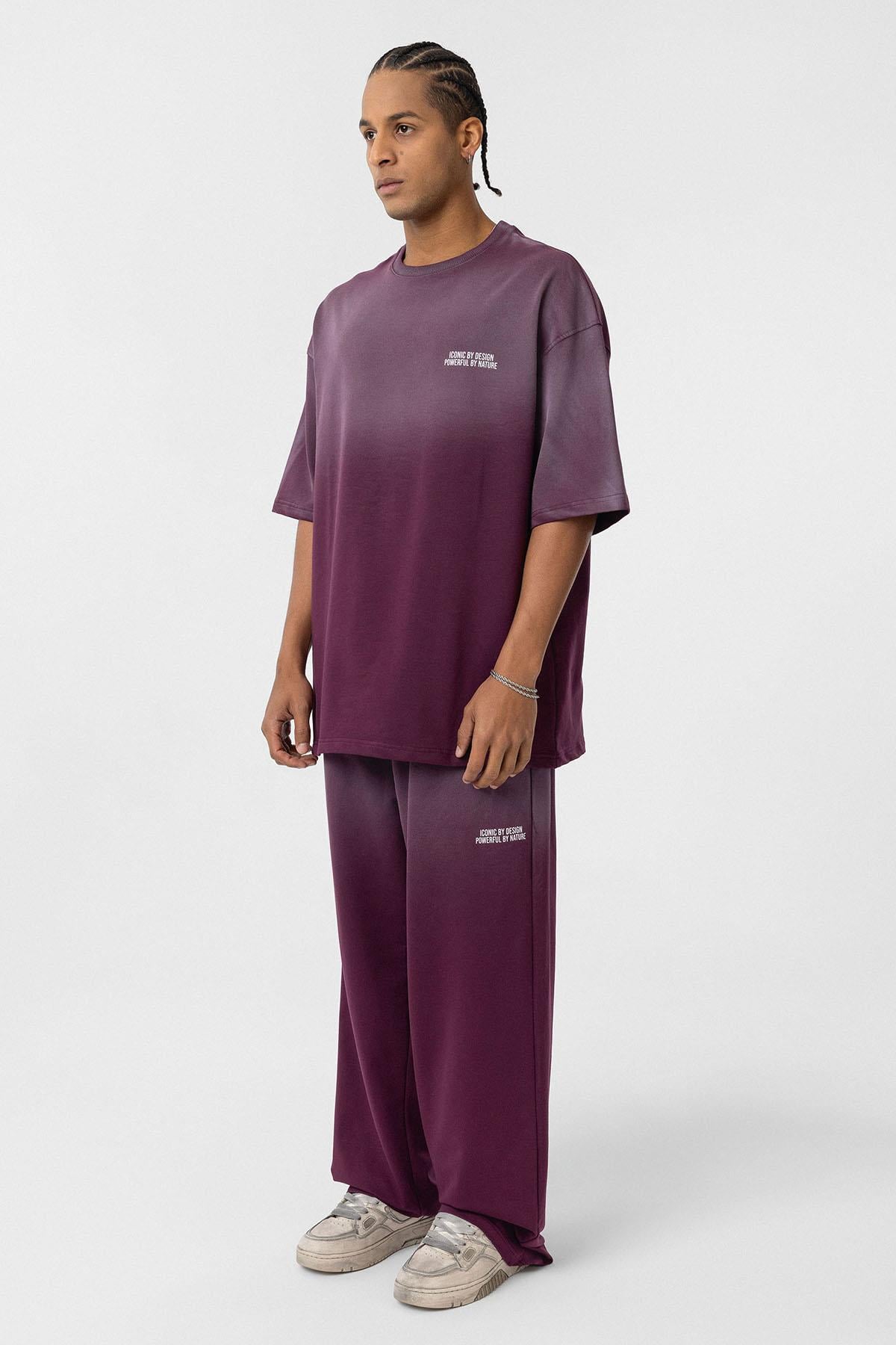 Yıkamalı Oversize Baskılı Eşofman Takım Bordo