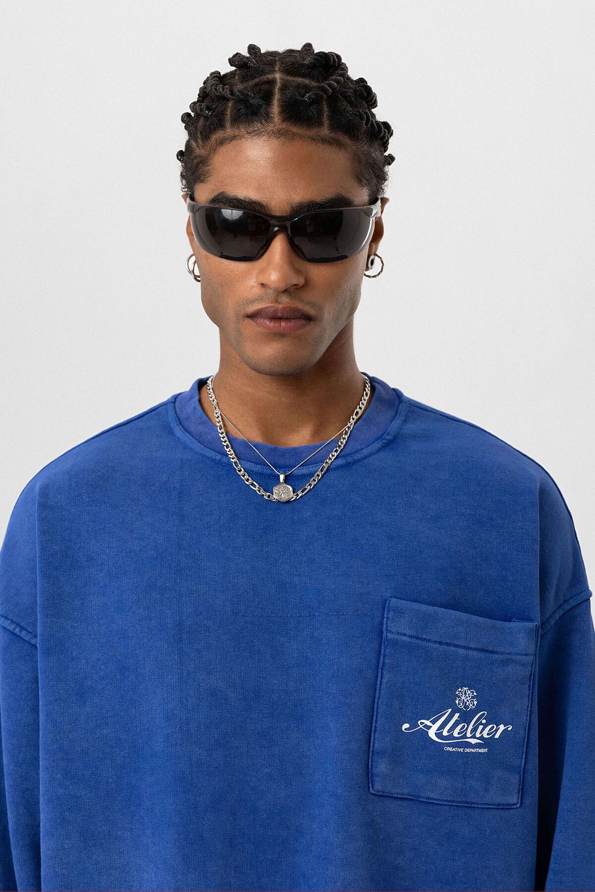 Yıkamalı Oversize Cep Detaylı Sweatshirt Saks