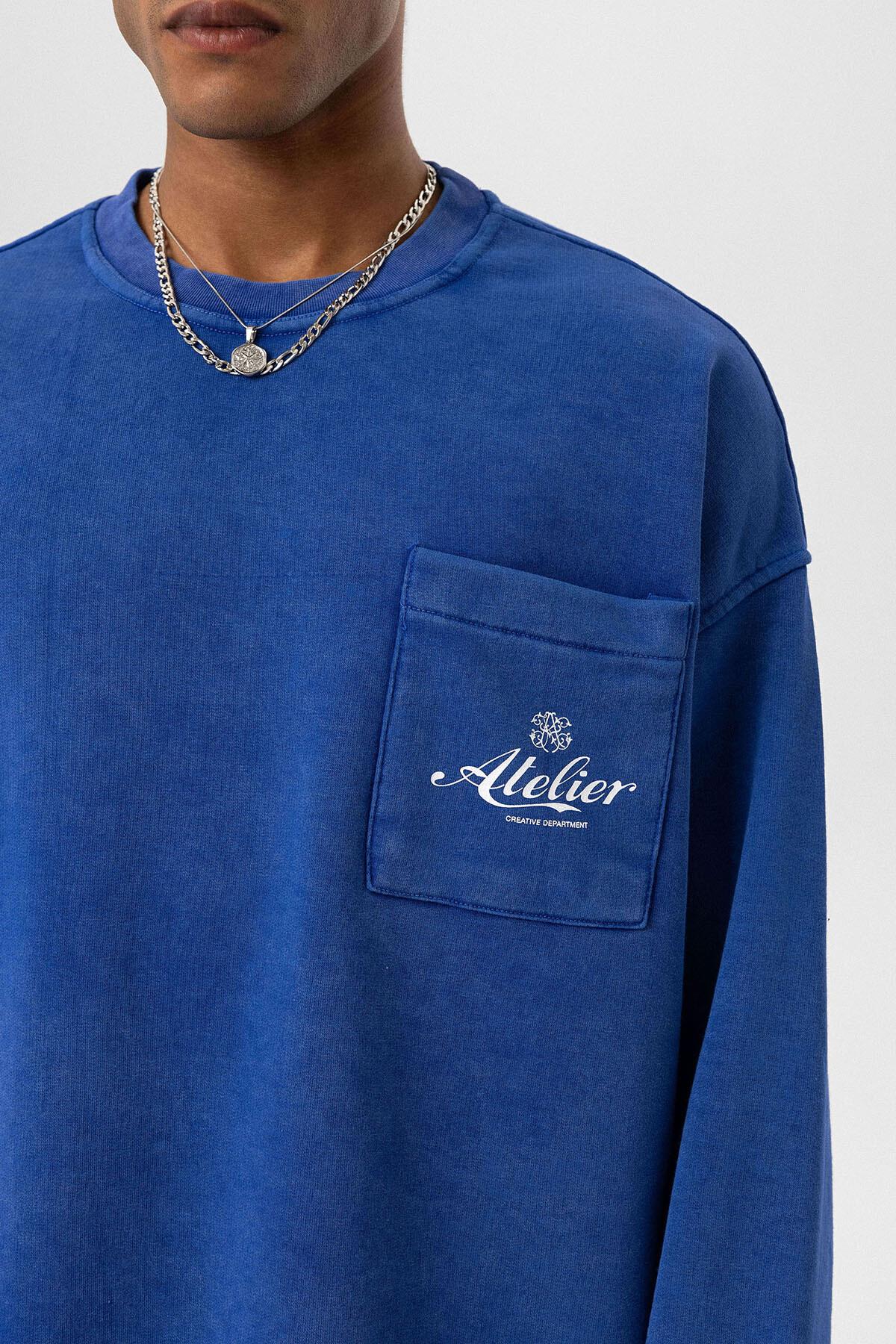 Yıkamalı Oversize Cep Detaylı Sweatshirt Saks