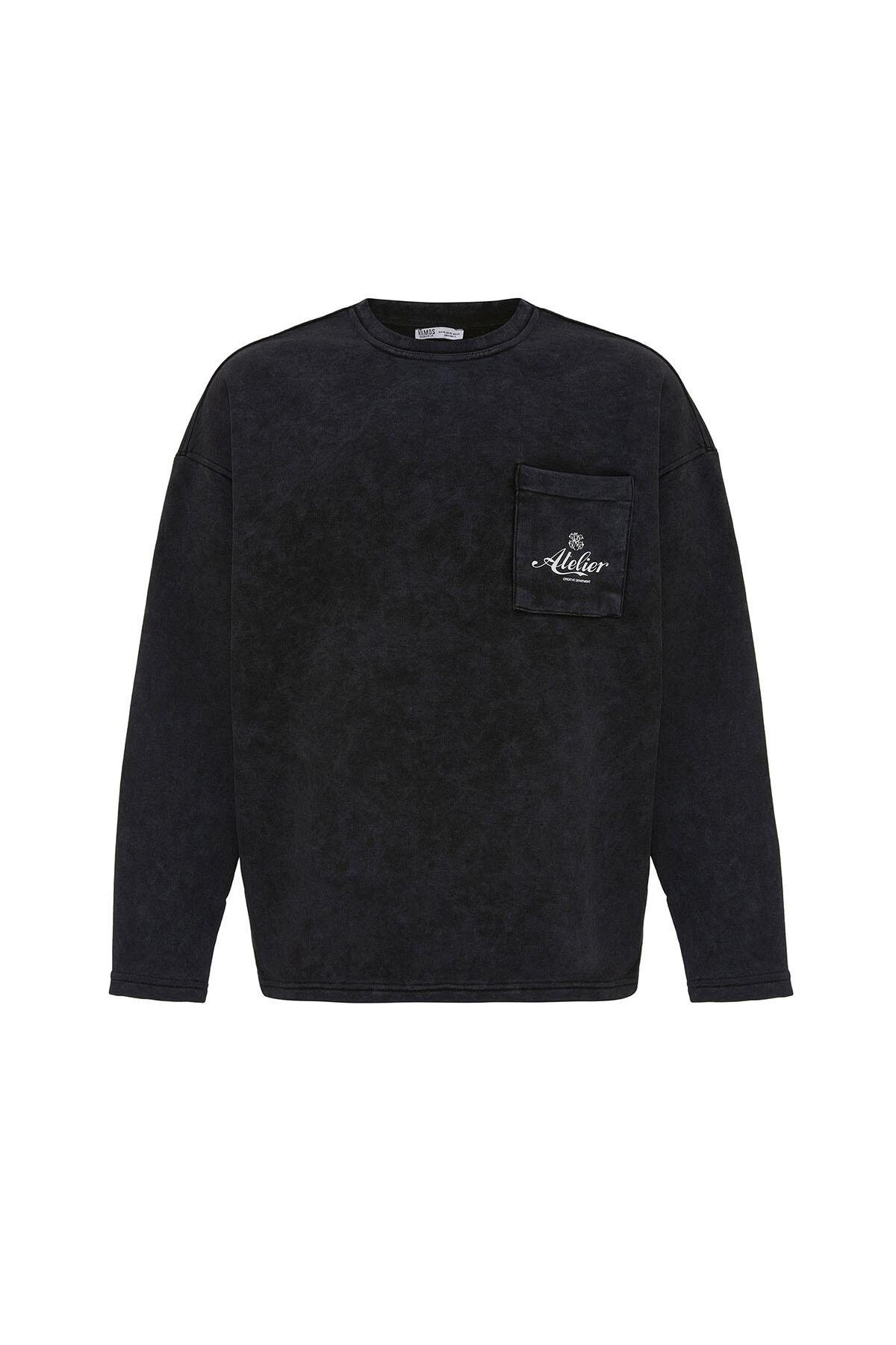 Yıkamalı Oversize Cep Detaylı Sweatshirt Siyah