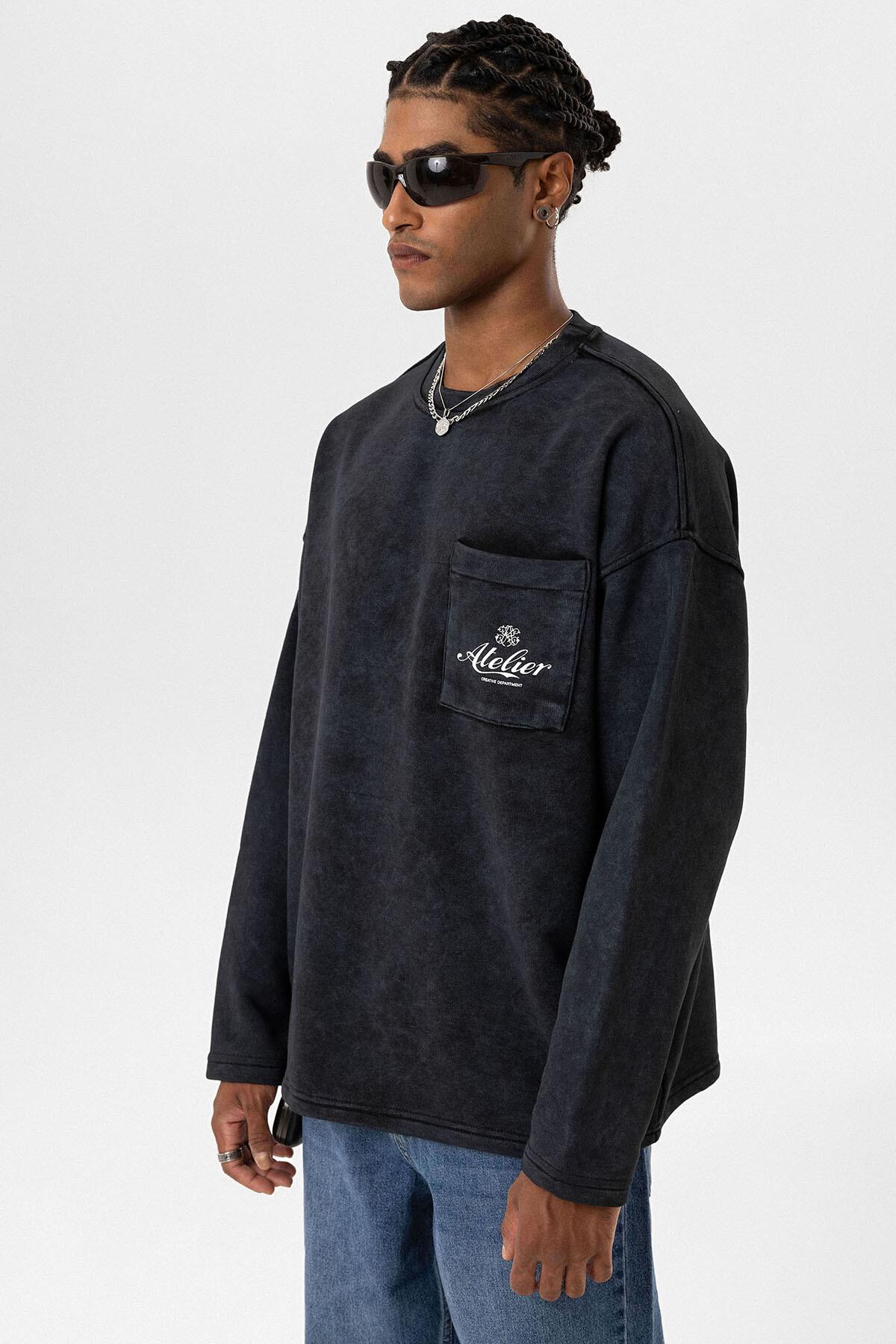 Yıkamalı Oversize Cep Detaylı Sweatshirt Siyah
