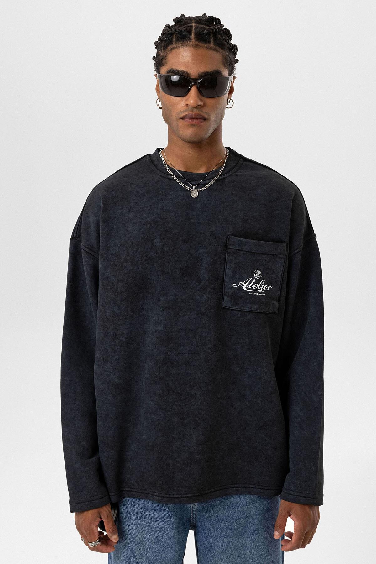 Yıkamalı Oversize Cep Detaylı Sweatshirt Siyah