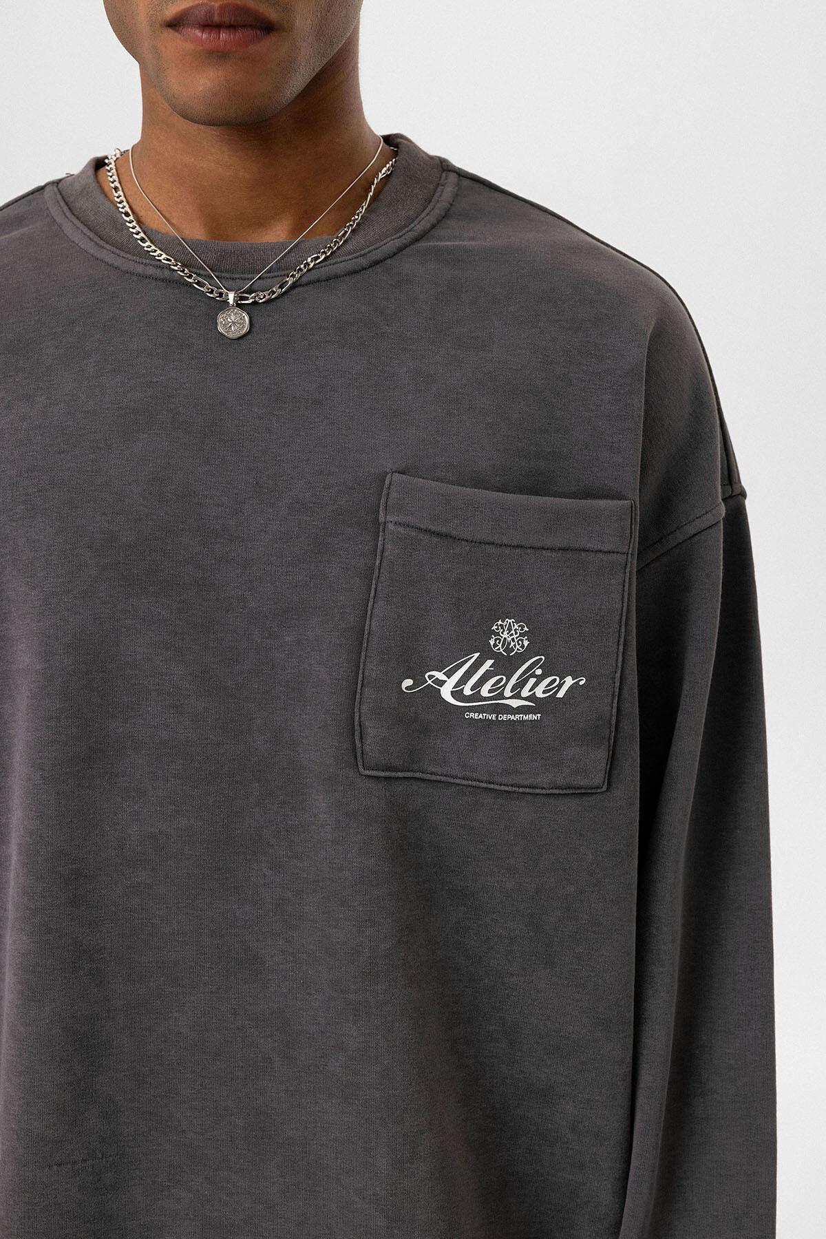 Yıkamalı Oversize Cep Detaylı Sweatshirt Füme