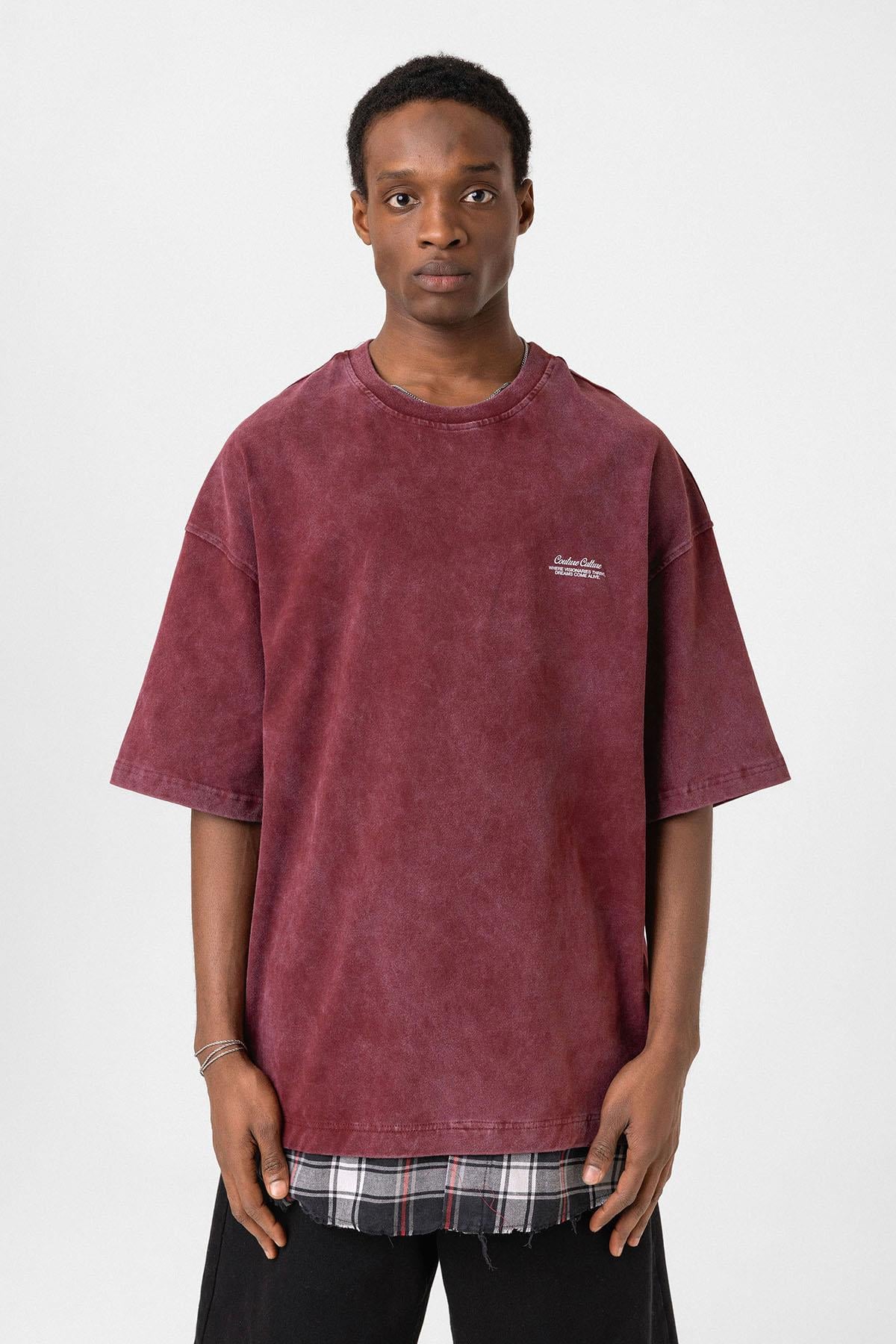 Yıkamalı Oversize Ekose Detaylı Tişört Bordo