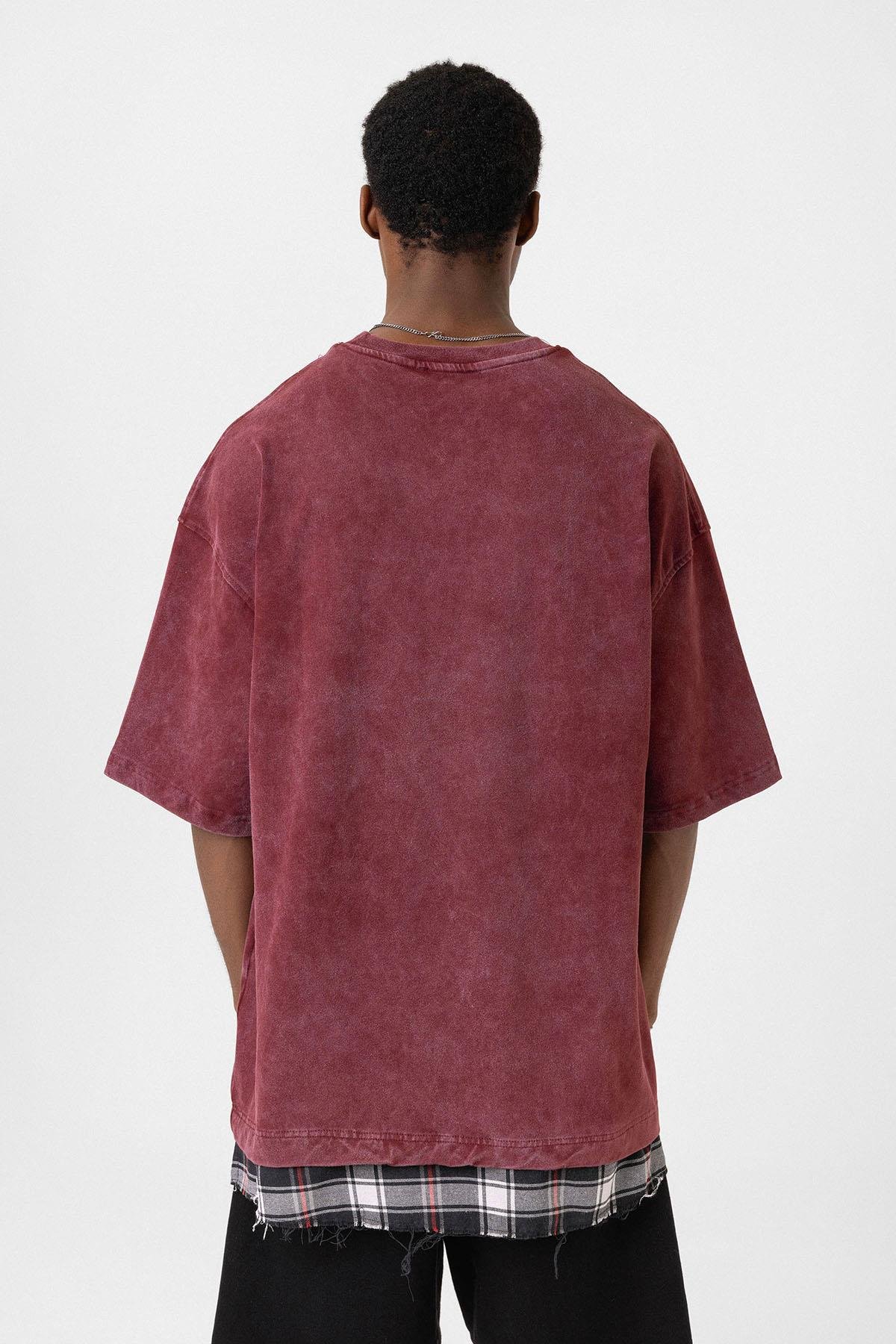 Yıkamalı Oversize Ekose Detaylı Tişört Bordo