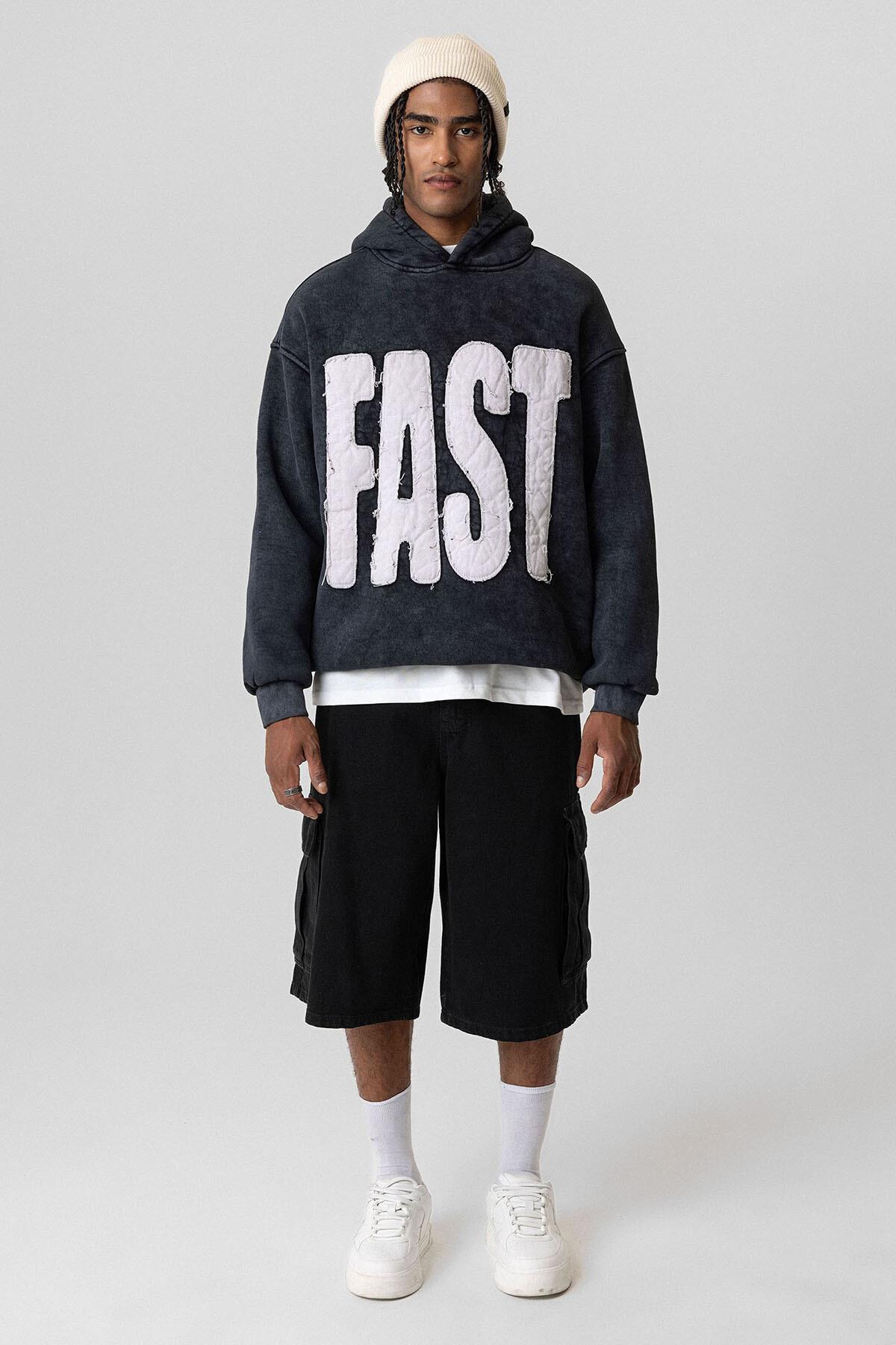 Yıkamalı Oversize Kapüşonlu Sweatshirt Siyah