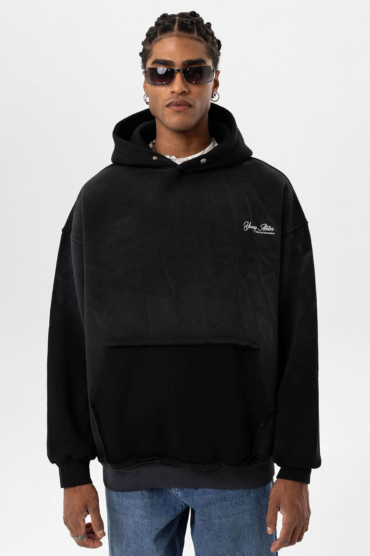 Yıkamalı Oversize Kapüşonlu Sweatshirt Siyah