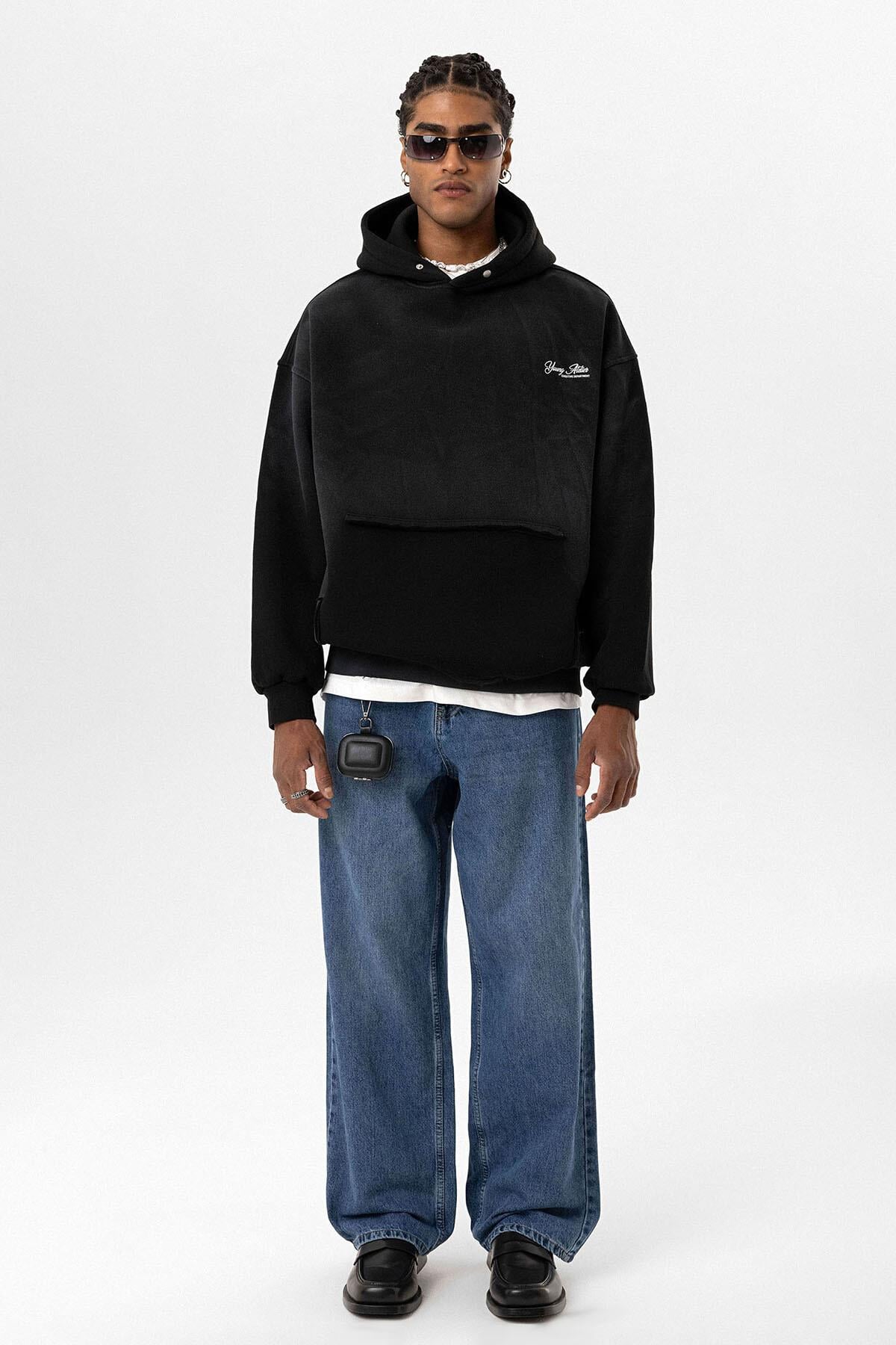 Yıkamalı Oversize Kapüşonlu Sweatshirt Siyah