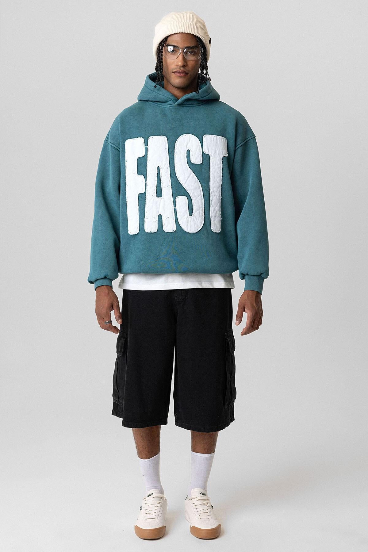 Yıkamalı Oversize Kapüşonlu Sweatshirt Petrol