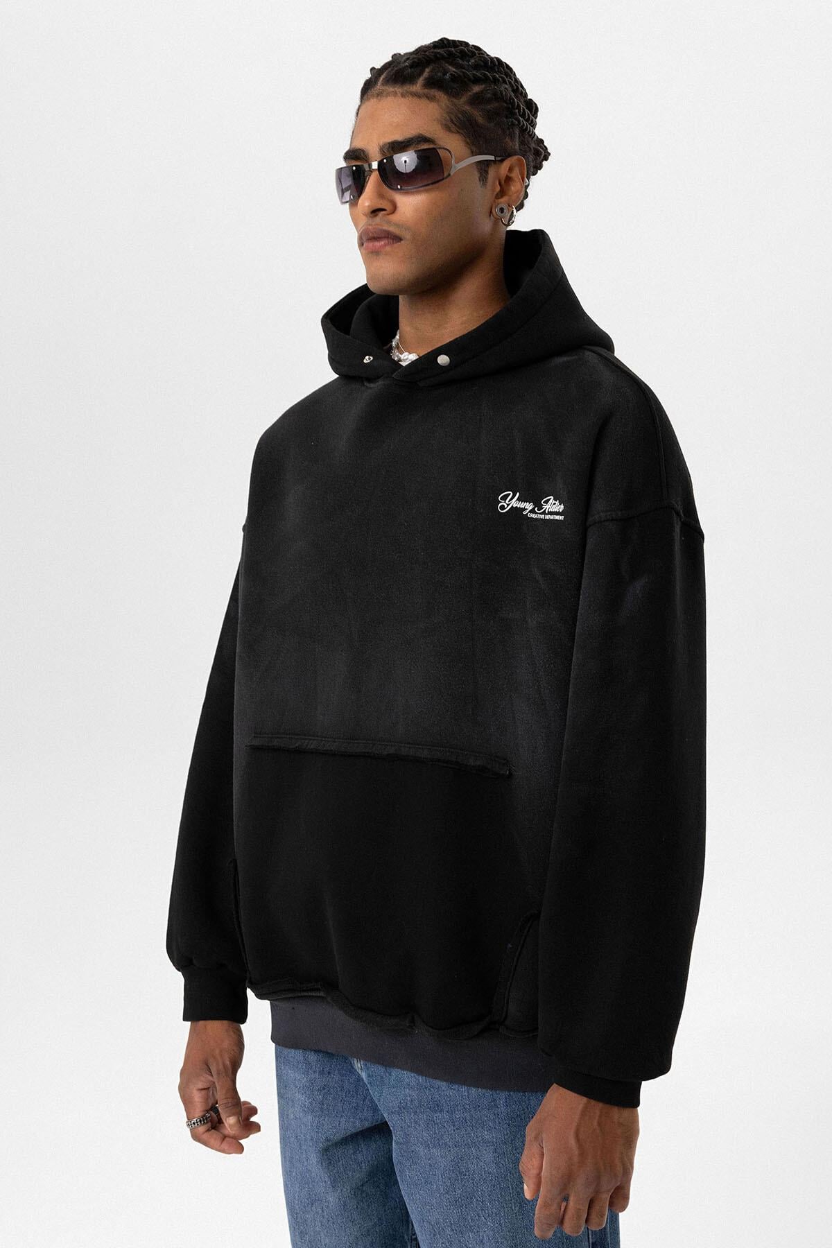 Yıkamalı Oversize Kapüşonlu Sweatshirt Siyah
