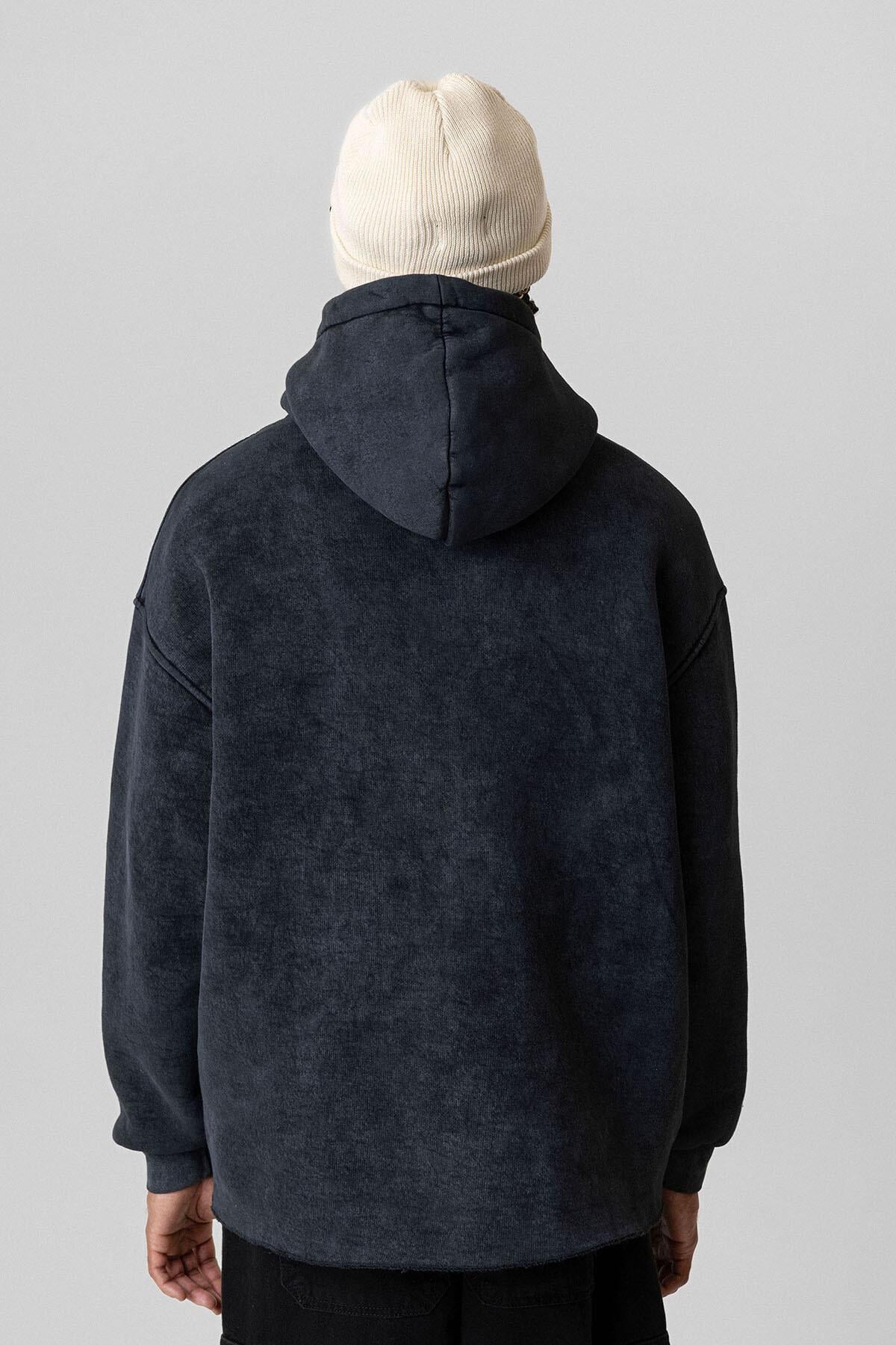 Yıkamalı Oversize Kapüşonlu Sweatshirt Siyah