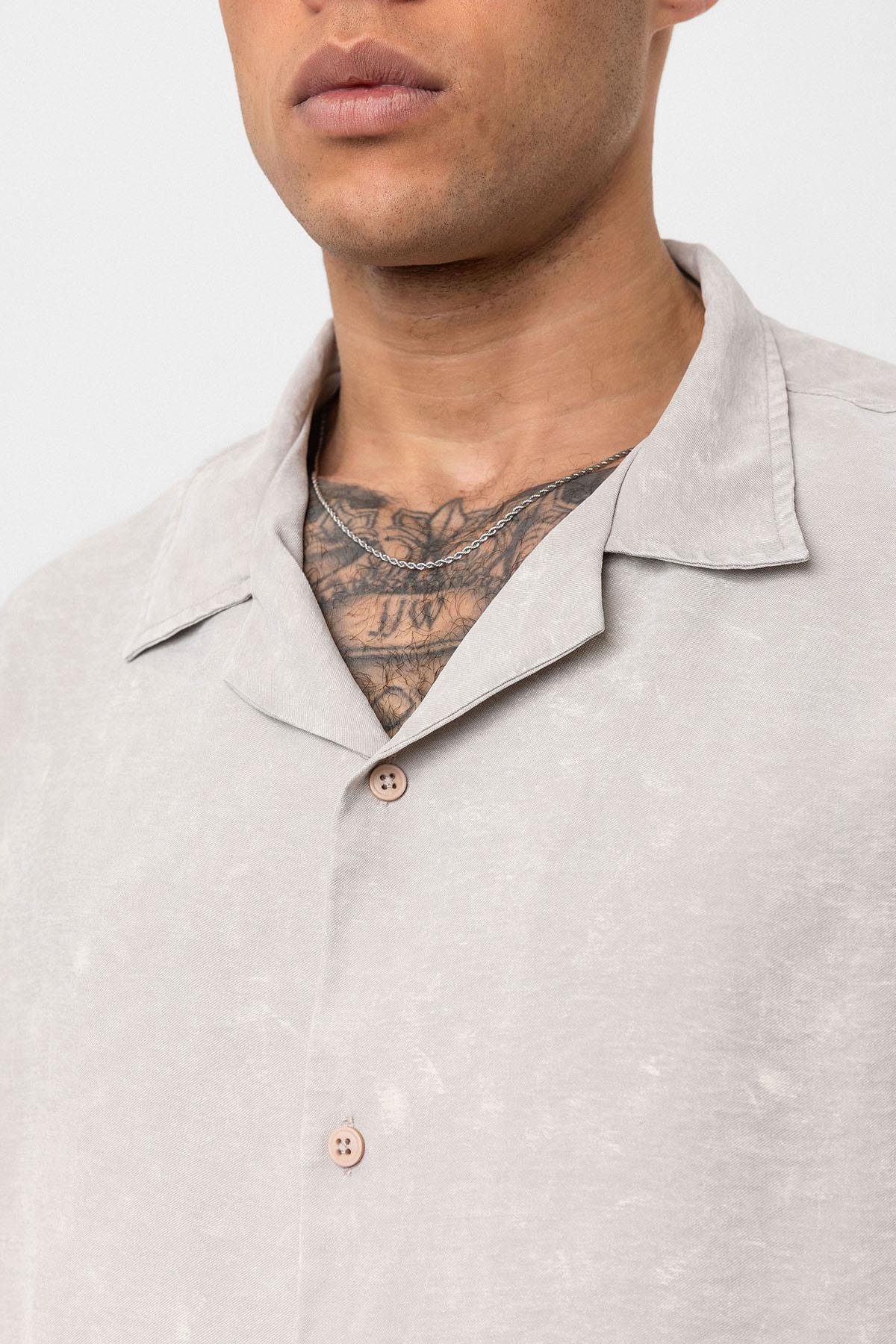 Yıkamalı Oversize Kısa Kol Gömlek Bej