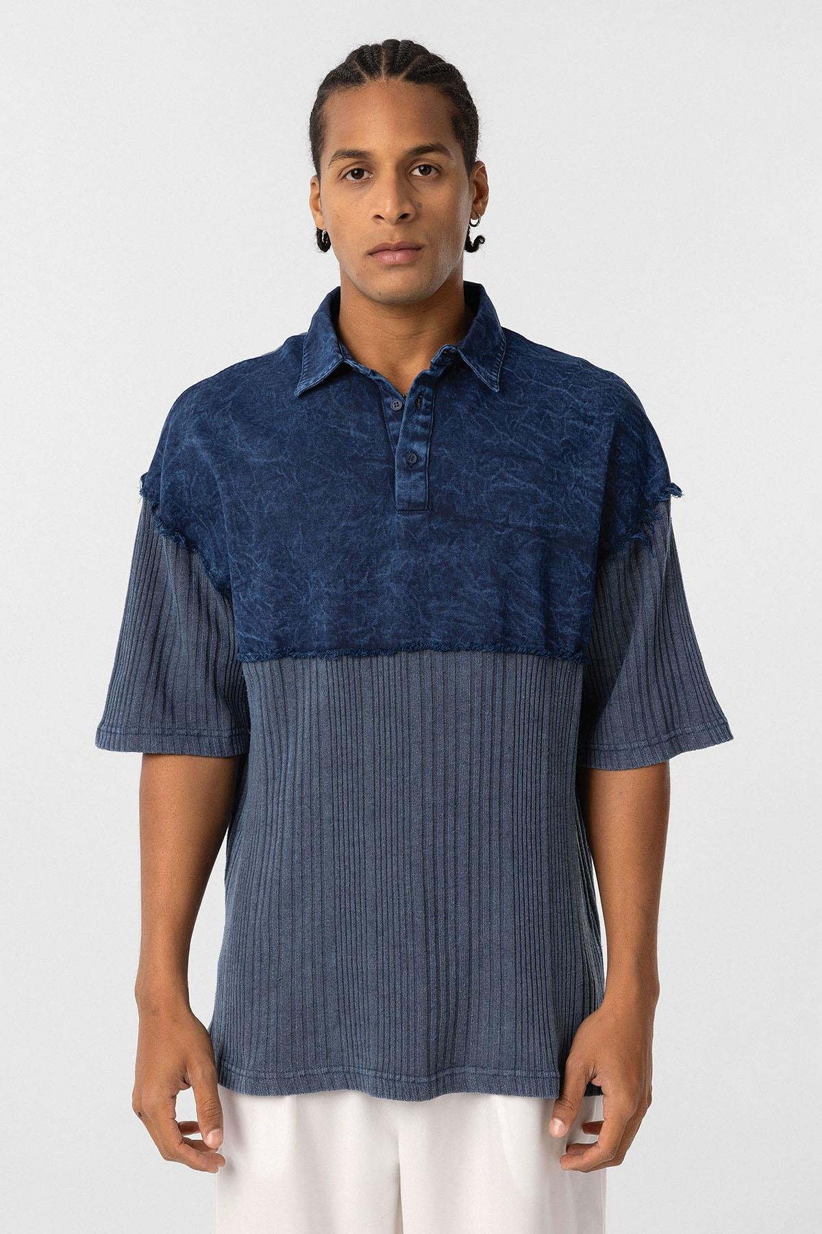 Yıkamalı Oversize Polo Yaka Tişört İndigo