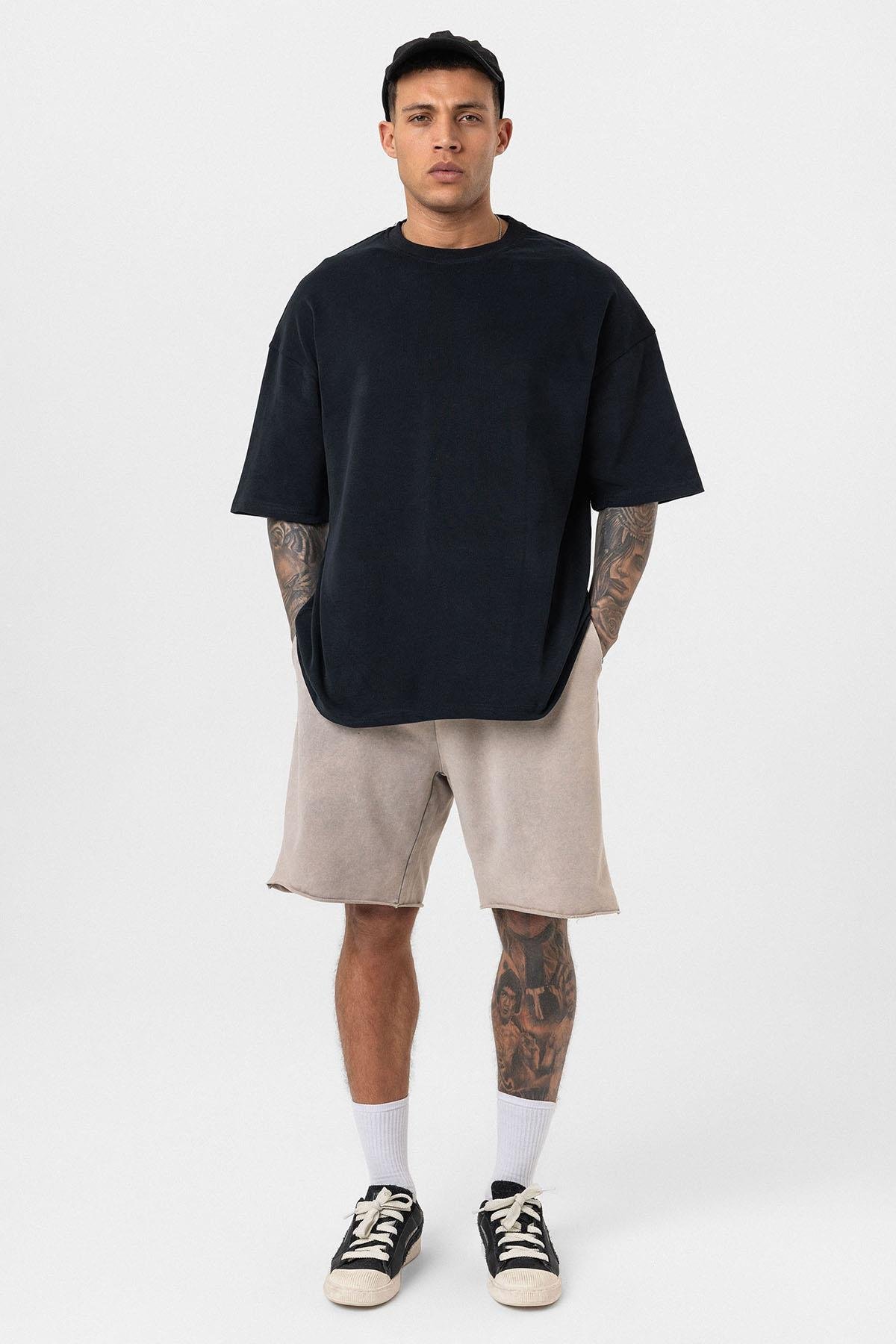 Yıkamalı Oversize Şort Taş