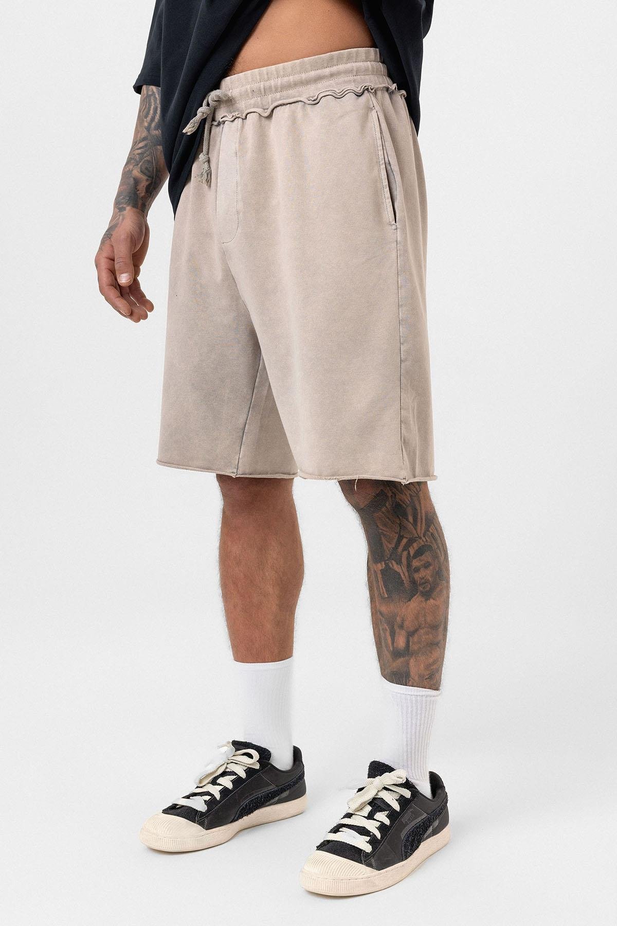 Yıkamalı Oversize Şort Taş