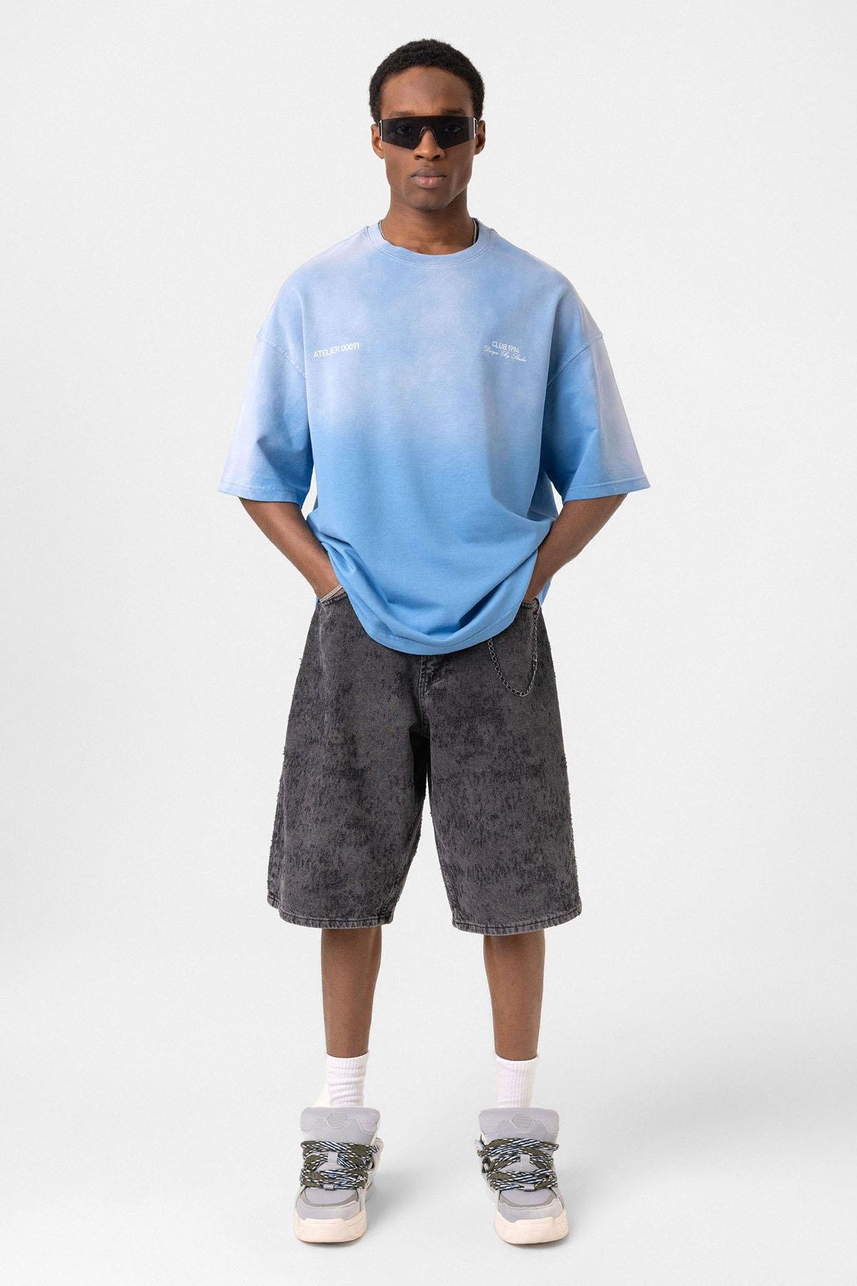 Yıkamalı Oversize Tişört Mavi