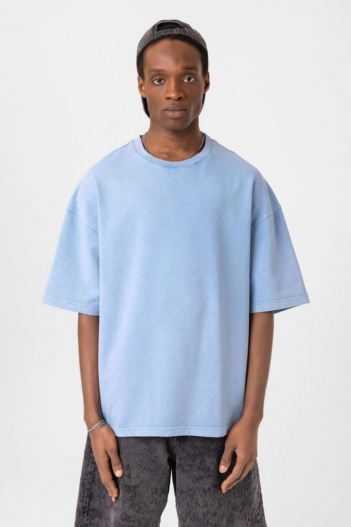 Yıkamalı Oversize Tişört Mavi