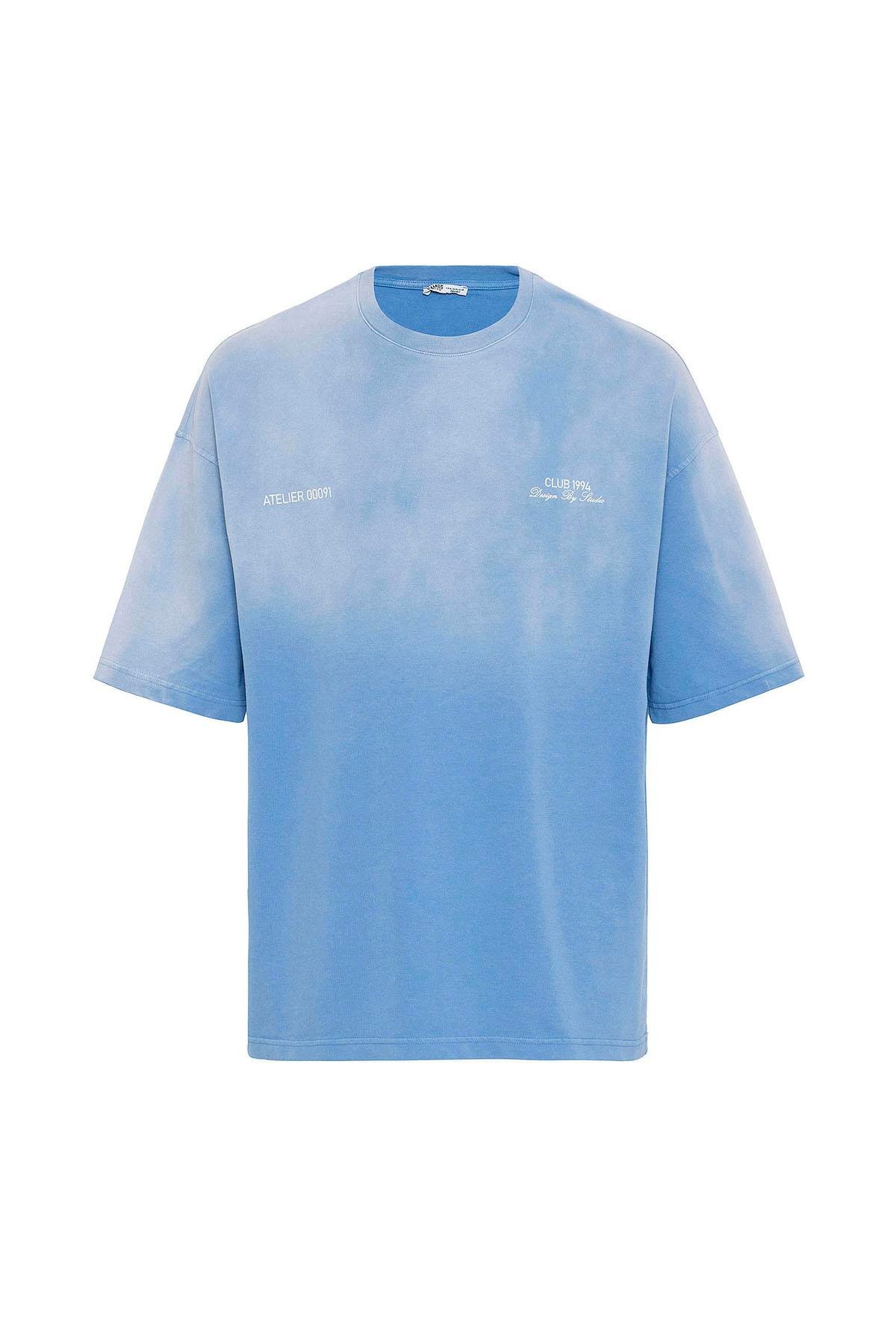 Yıkamalı Oversize Tişört Mavi