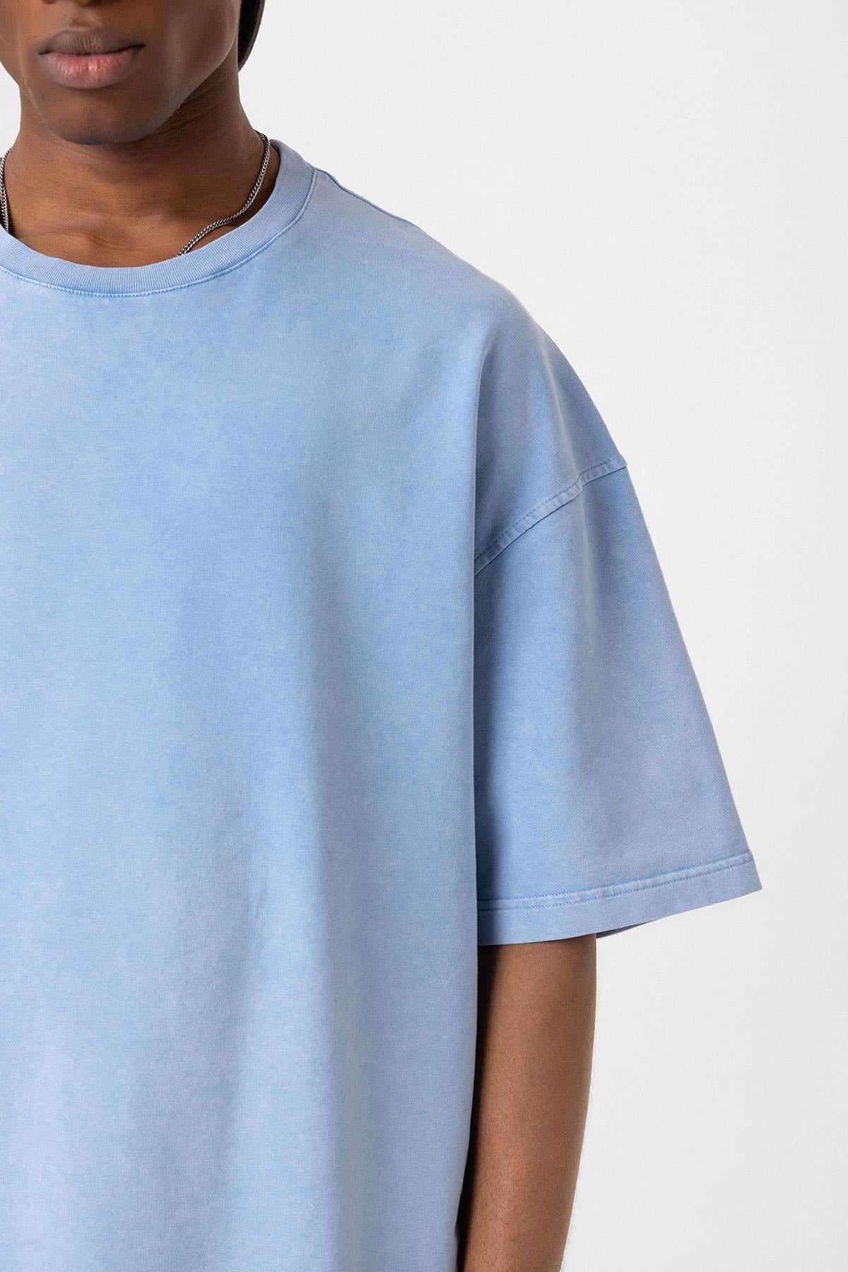 Yıkamalı Oversize Tişört Mavi