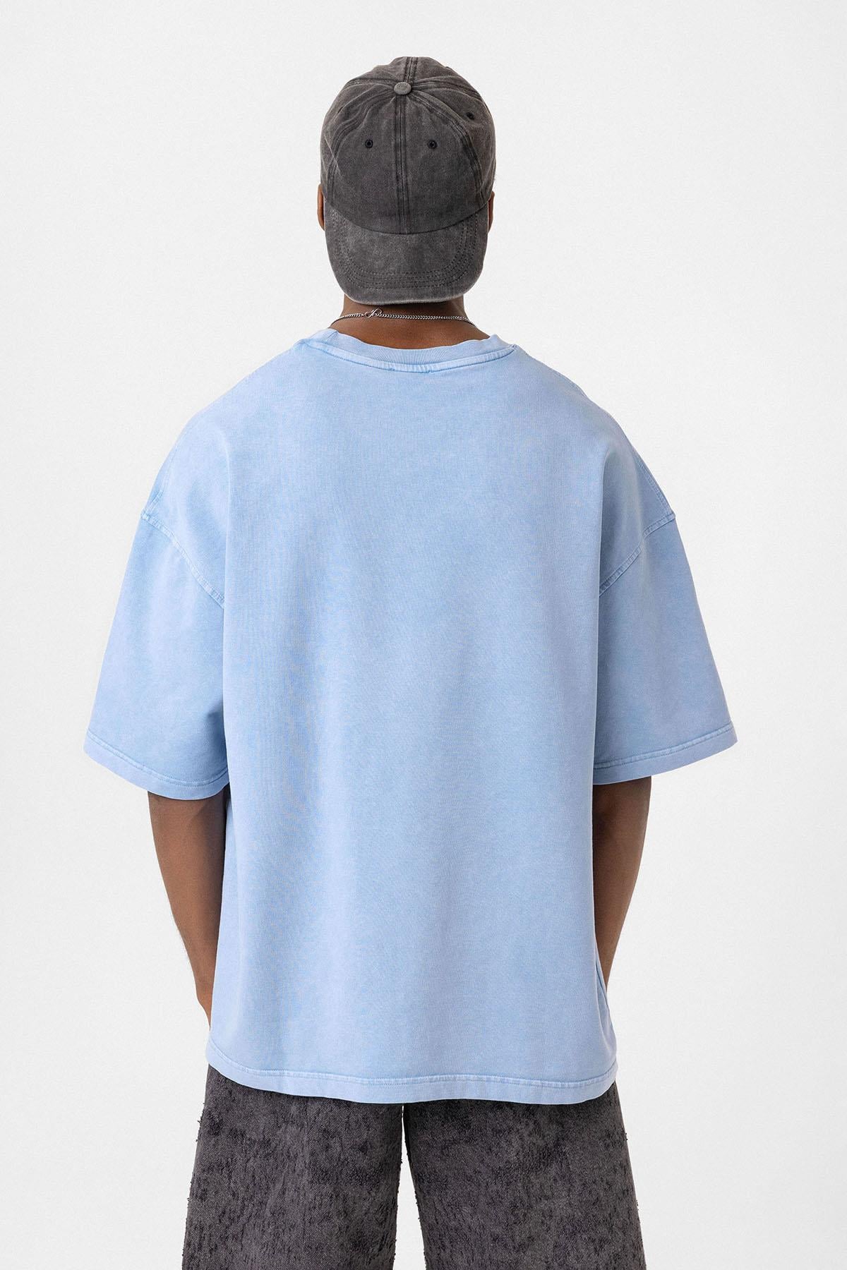 Yıkamalı Oversize Tişört Mavi