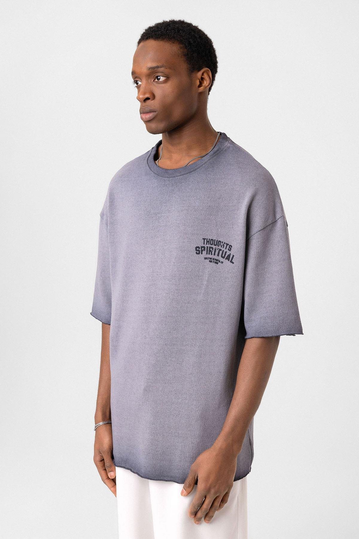 Yıkamalı Oversize Triko Tişört Gri