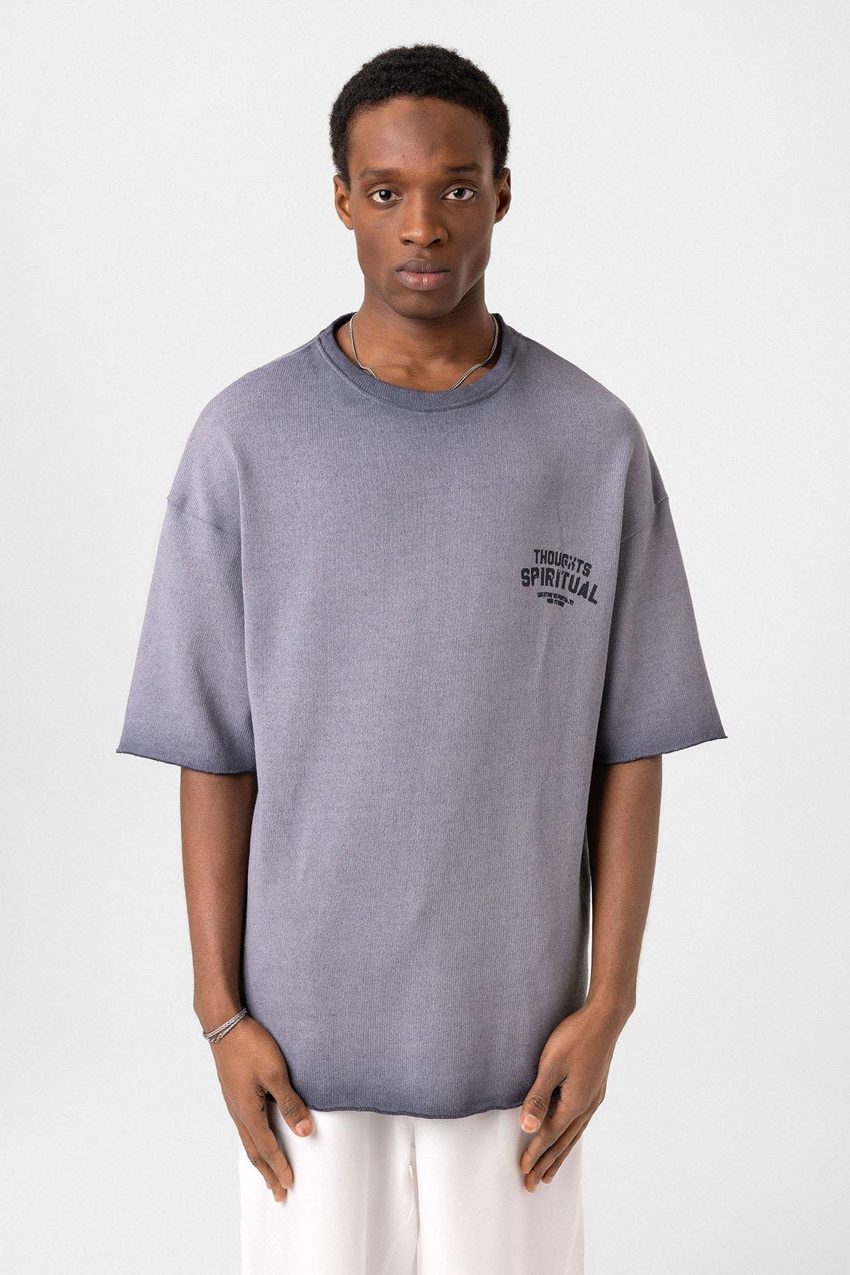 Yıkamalı Oversize Triko Tişört Gri