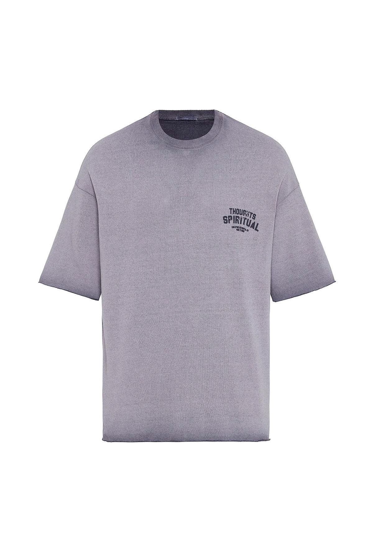 Yıkamalı Oversize Triko Tişört Gri