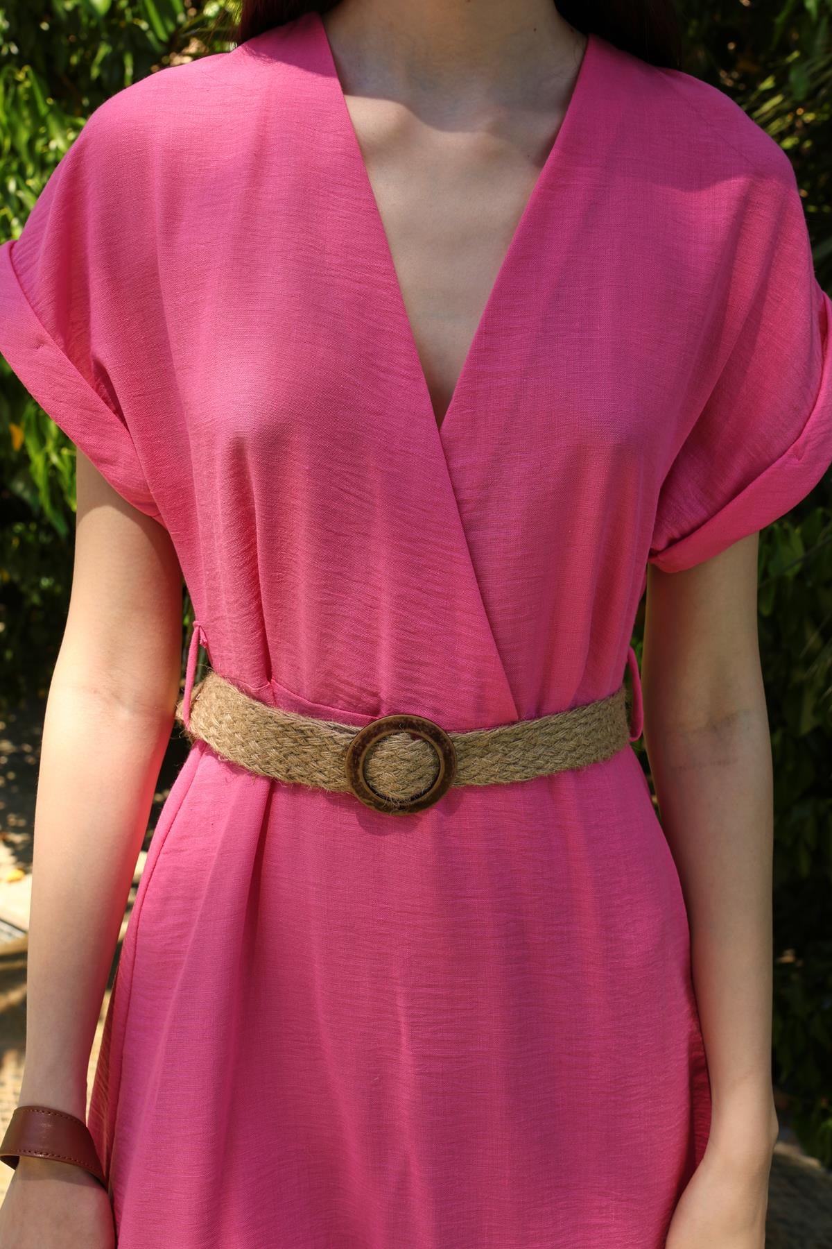 Ember Kemerli Elbise Pembe