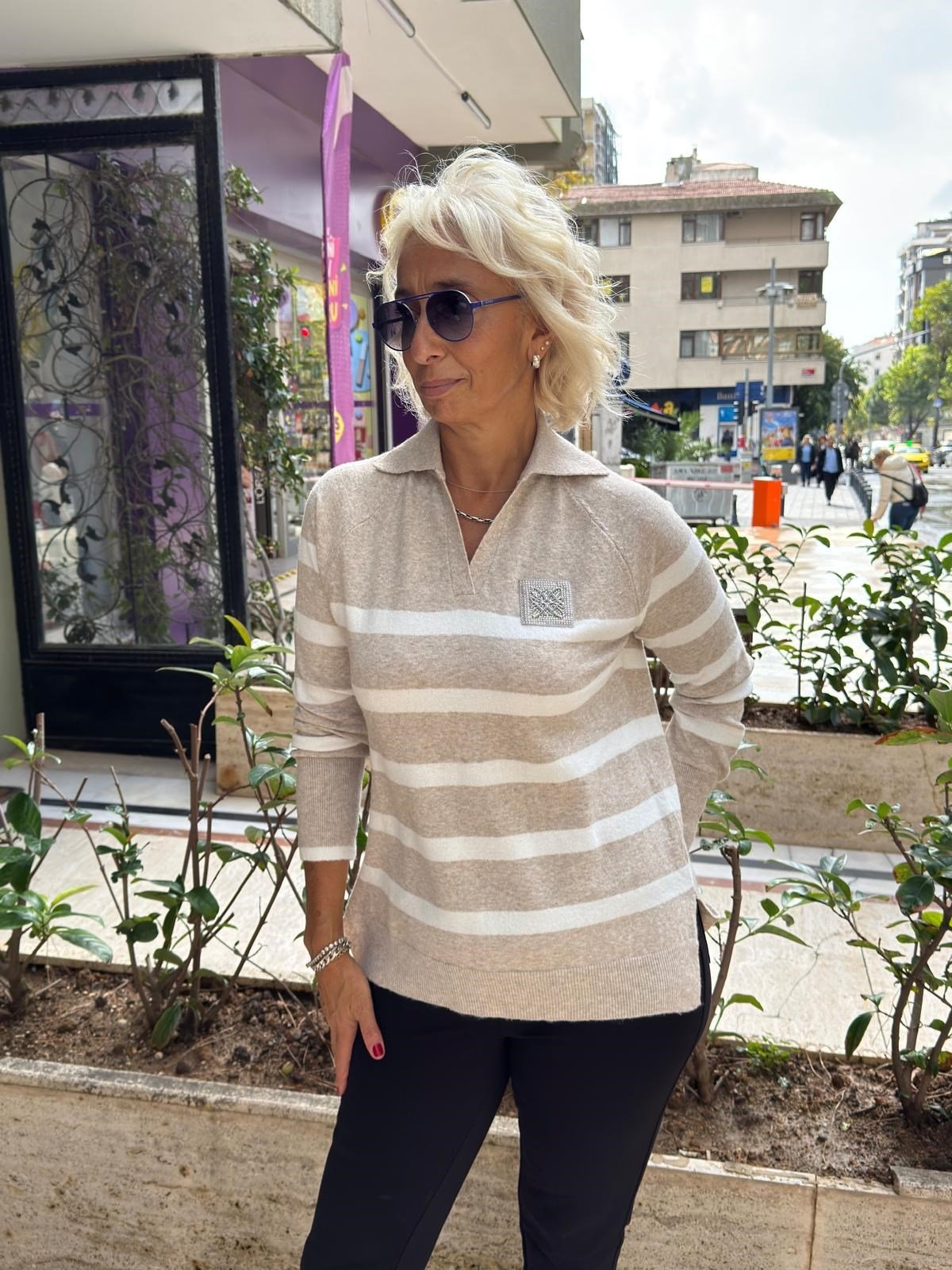  Rklan Kol Çizgili Logo Detaylı Triko 