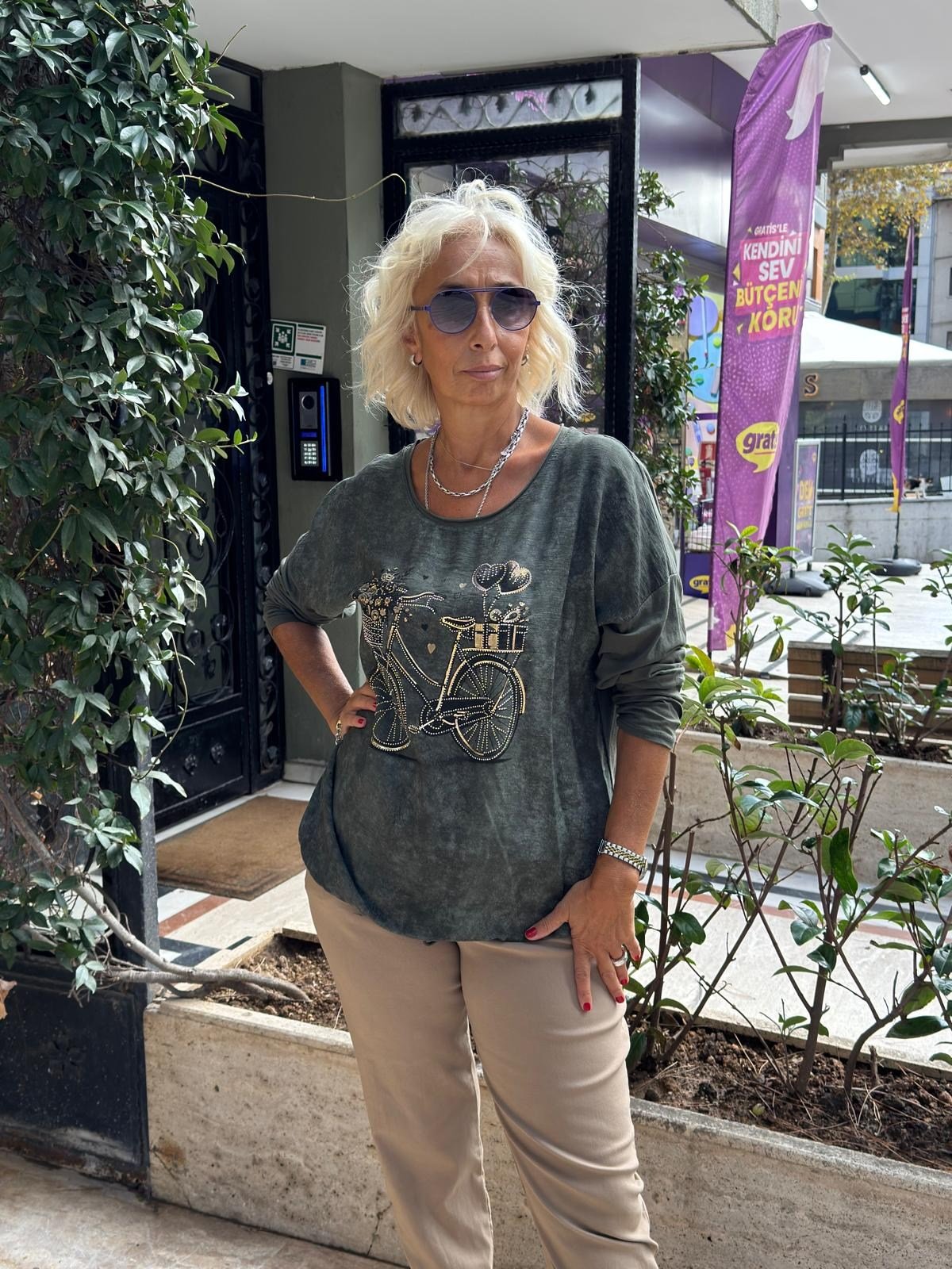 Bisiklet Baskılı Batik Kazak