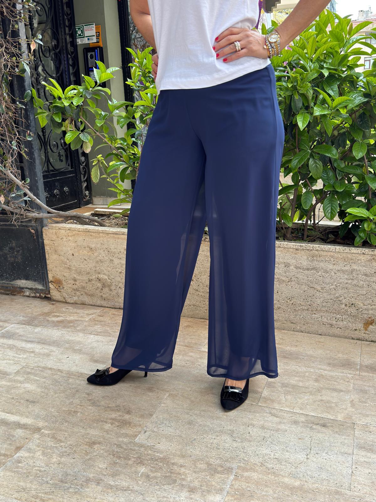 Çift Kat Beli Lastikli Abiye Şifon Pantolon