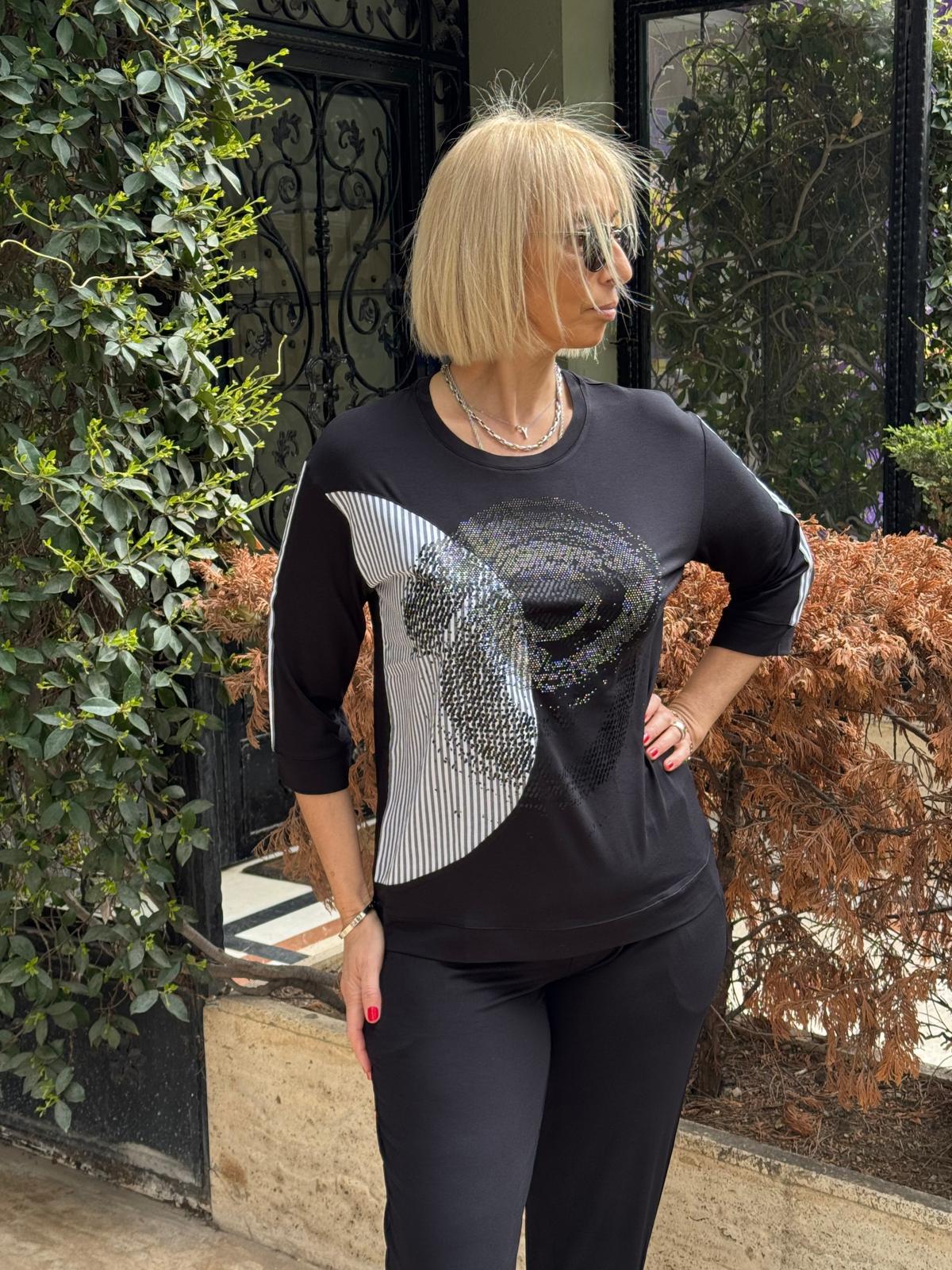 Çizgi Garnili Truvakar Kol Tshirt