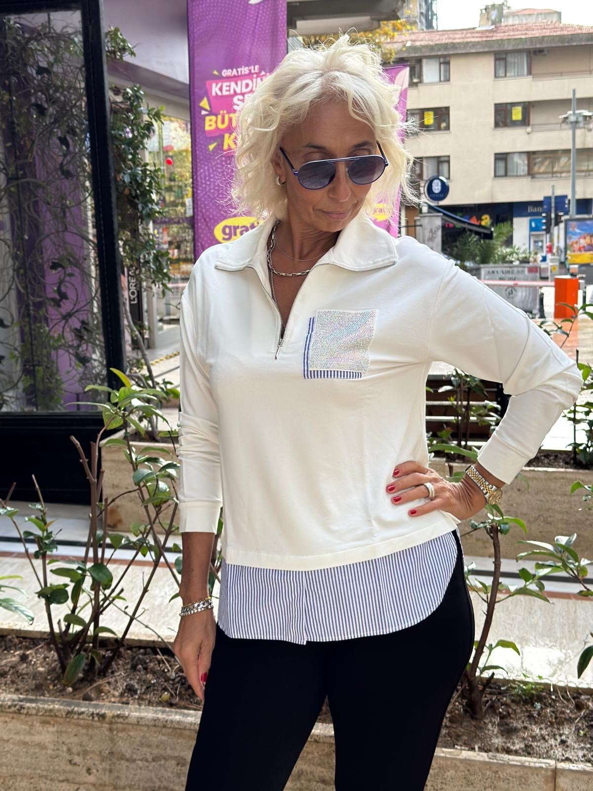 Fermuar Detaylı Taş Cepli Uzun Kollu Tshırt 