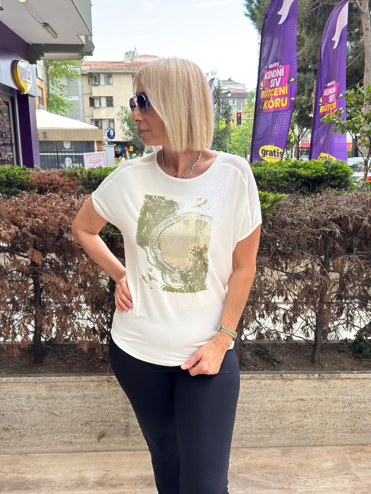 Fileli Baskılı Payetli Tshirt