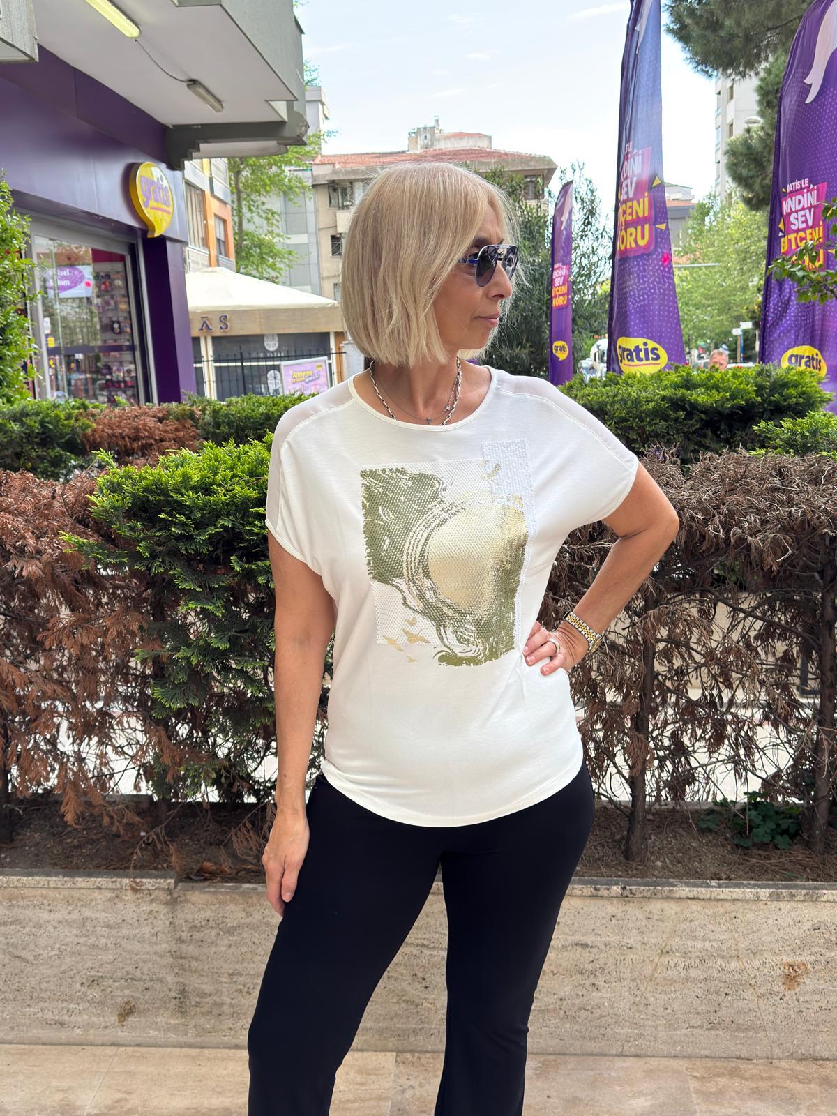 Fileli Baskılı Payetli Tshirt