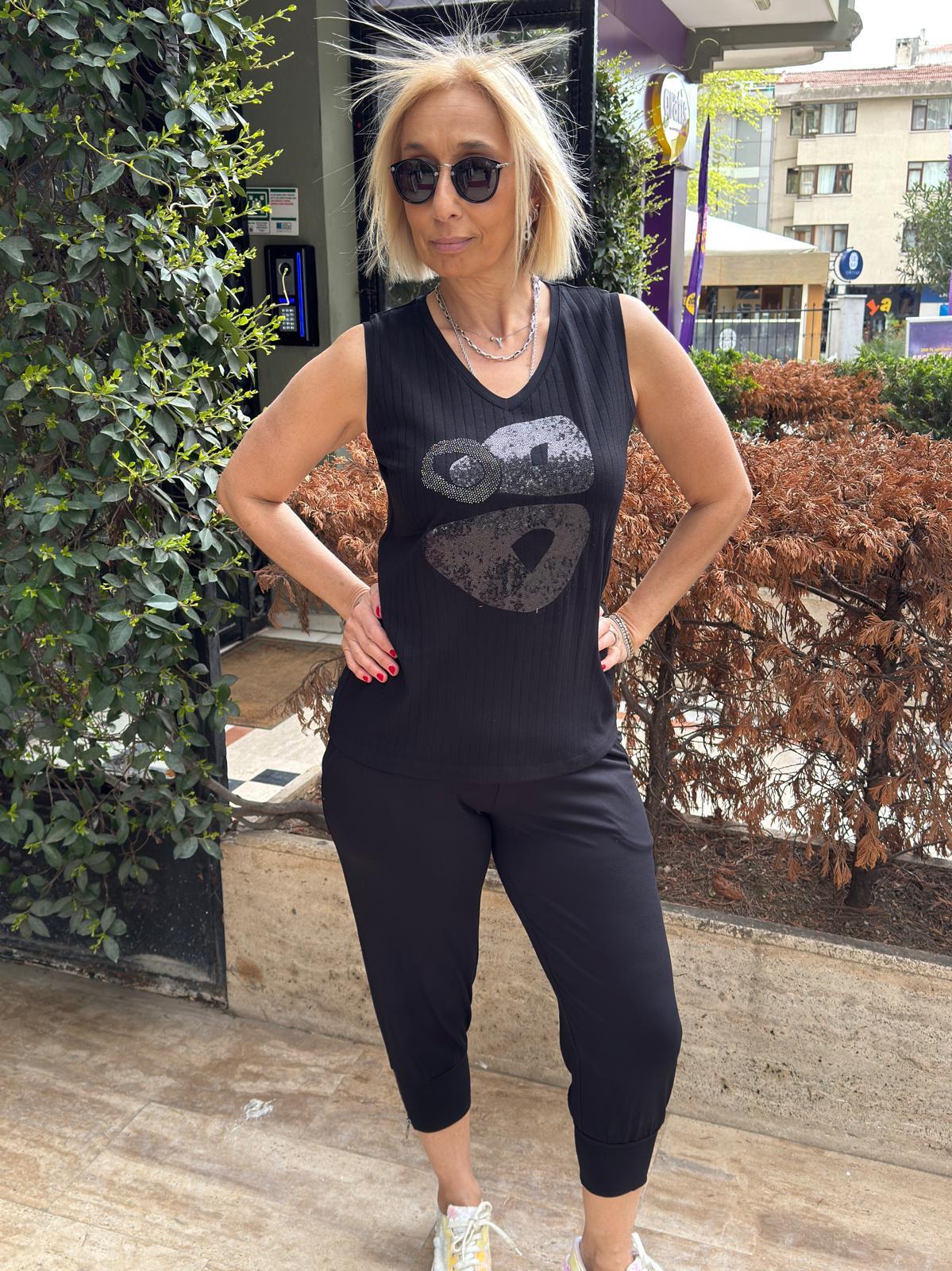 Fitilli Taşlı V Yaka Atlet