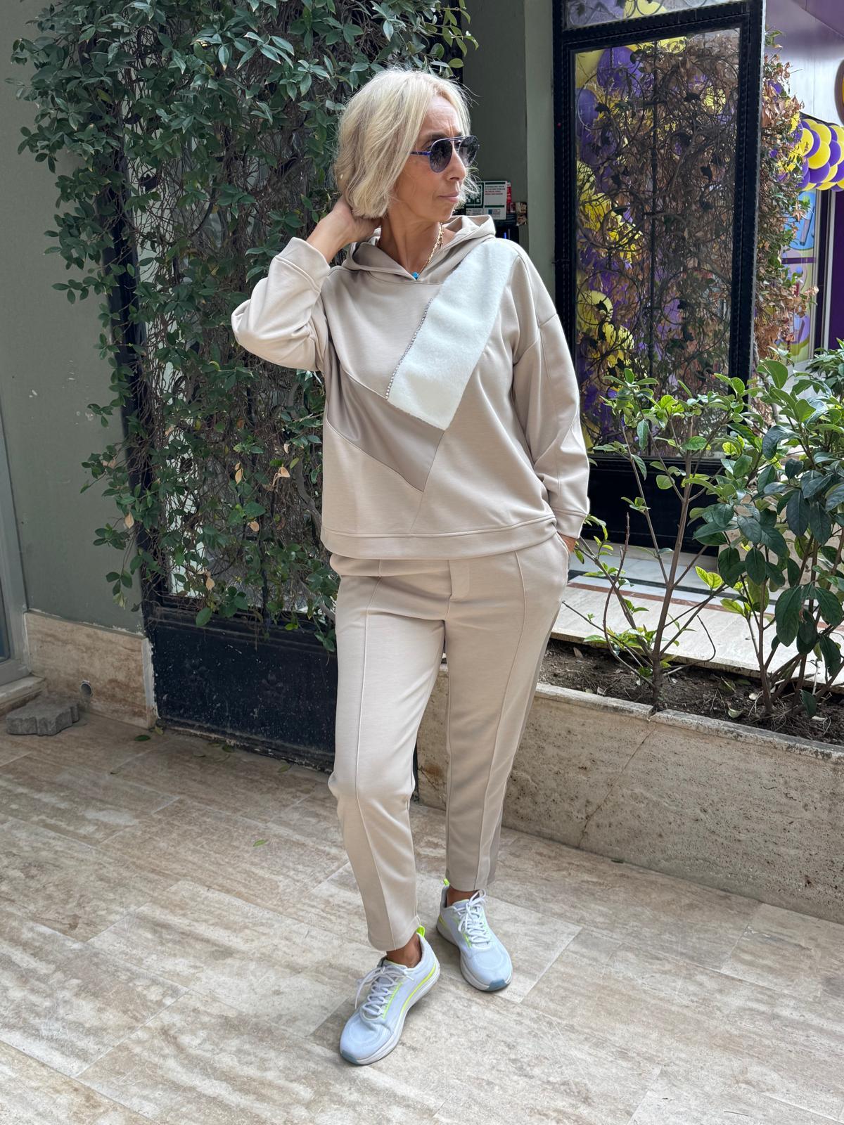 Kürklü Deri Taşlı Sweatshirt