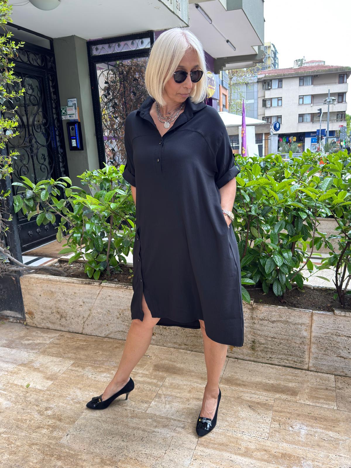 Oversize Düğme Detaylı Modal Elbise