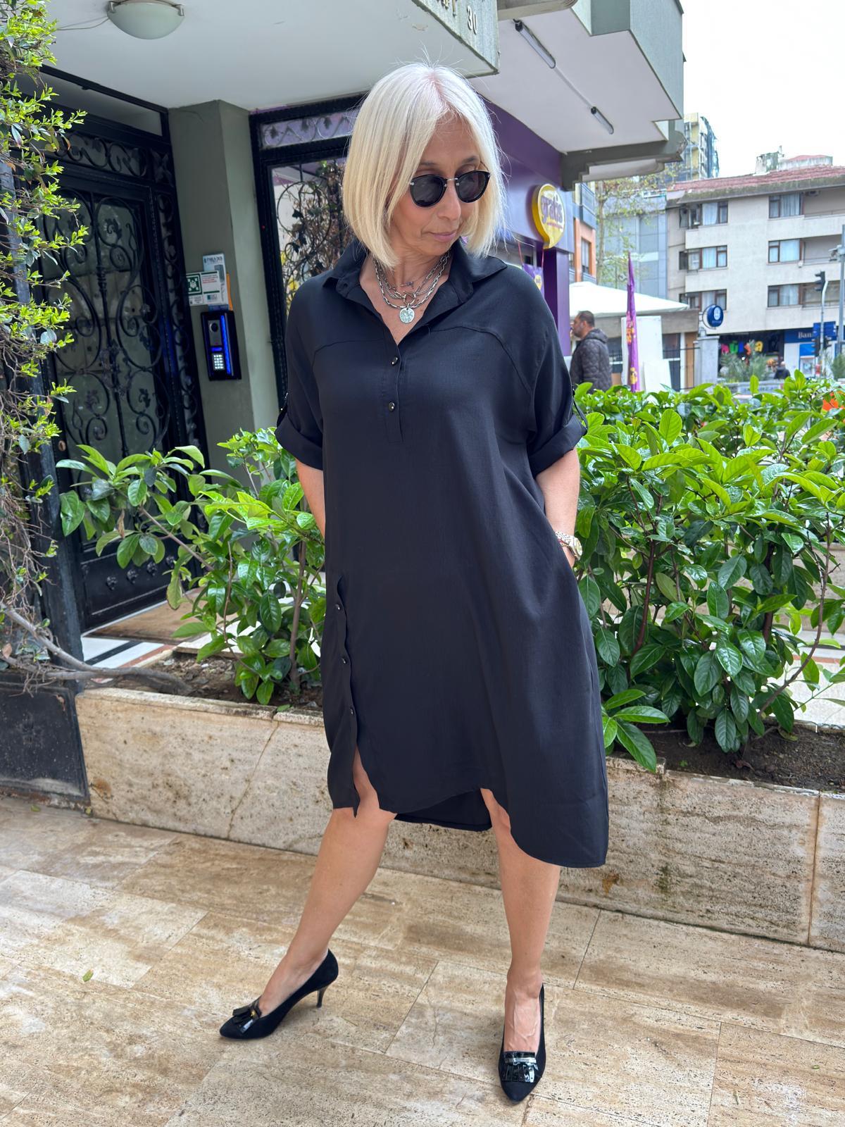 Oversize Düğme Detaylı Modal Elbise