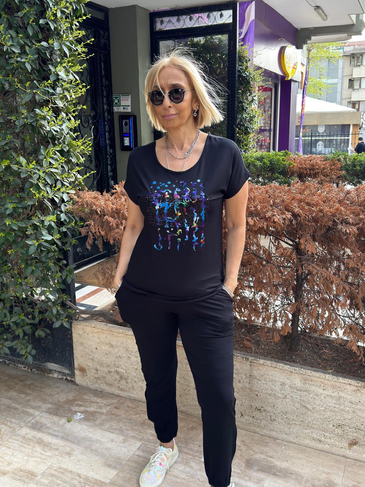 Payet Garnili Baskılı Sırtı Çapraz Biyeli Tshirt