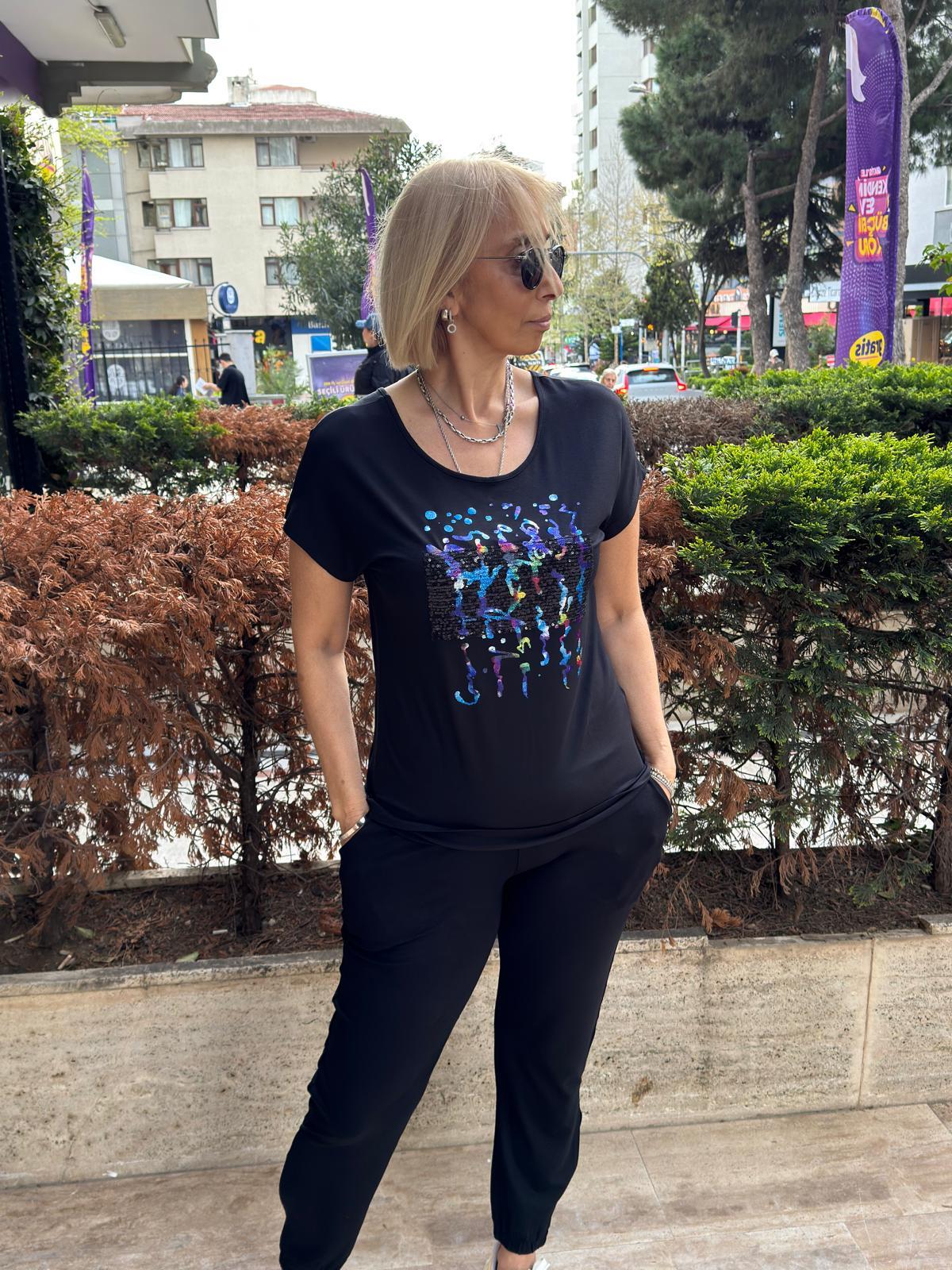 Payet Garnili Baskılı Sırtı Çapraz Biyeli Tshirt
