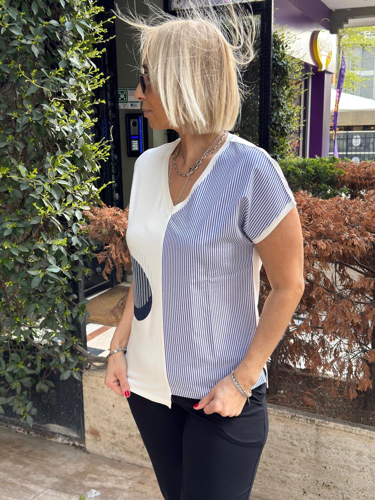 Peçli Taş Baskılı Çizgili Tshirt