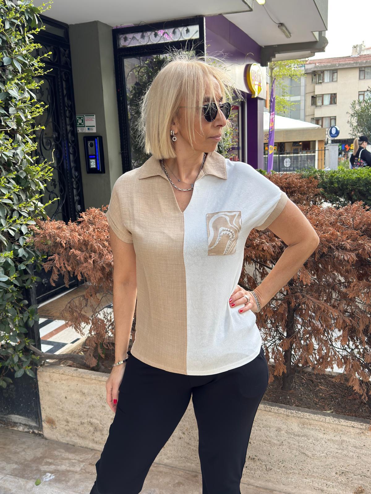 Polo Yaka Parçalı Taş İşlemeli Tshirt