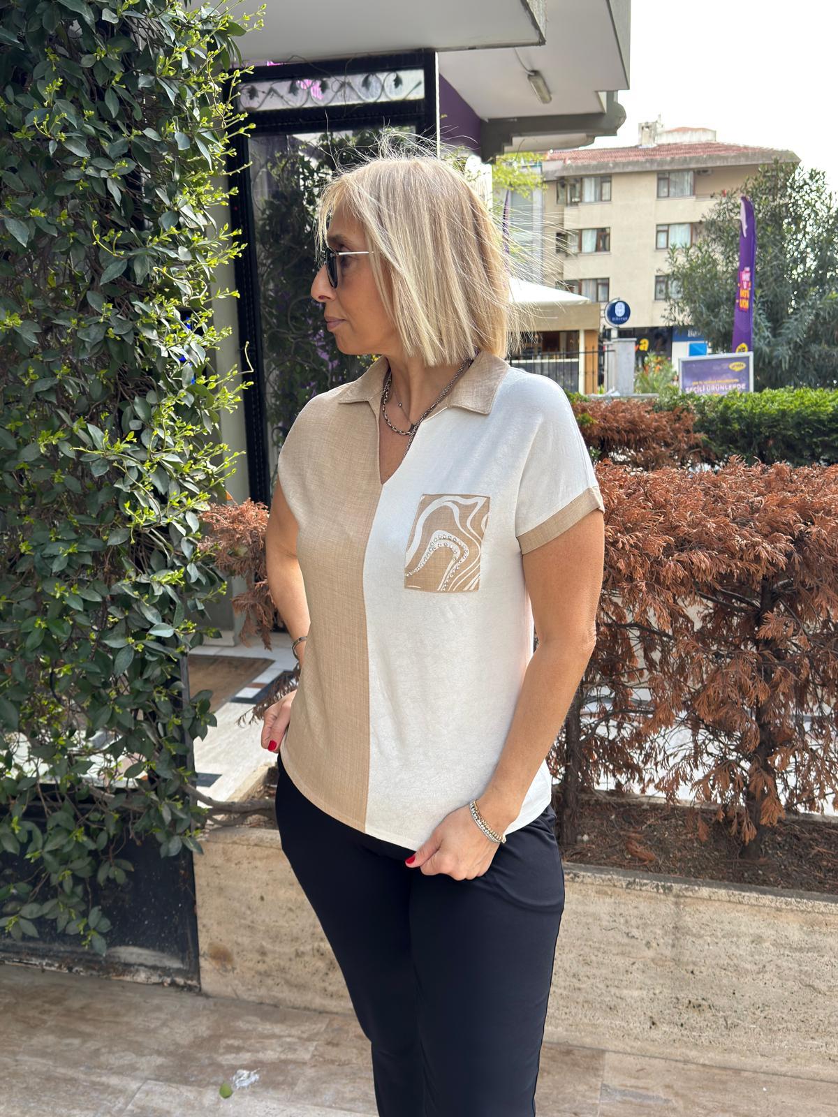 Polo Yaka Parçalı Taş İşlemeli Tshirt